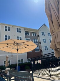 There’s an outdoor pool )bot an indoor) that want open yet, bit was a nice place to sit.