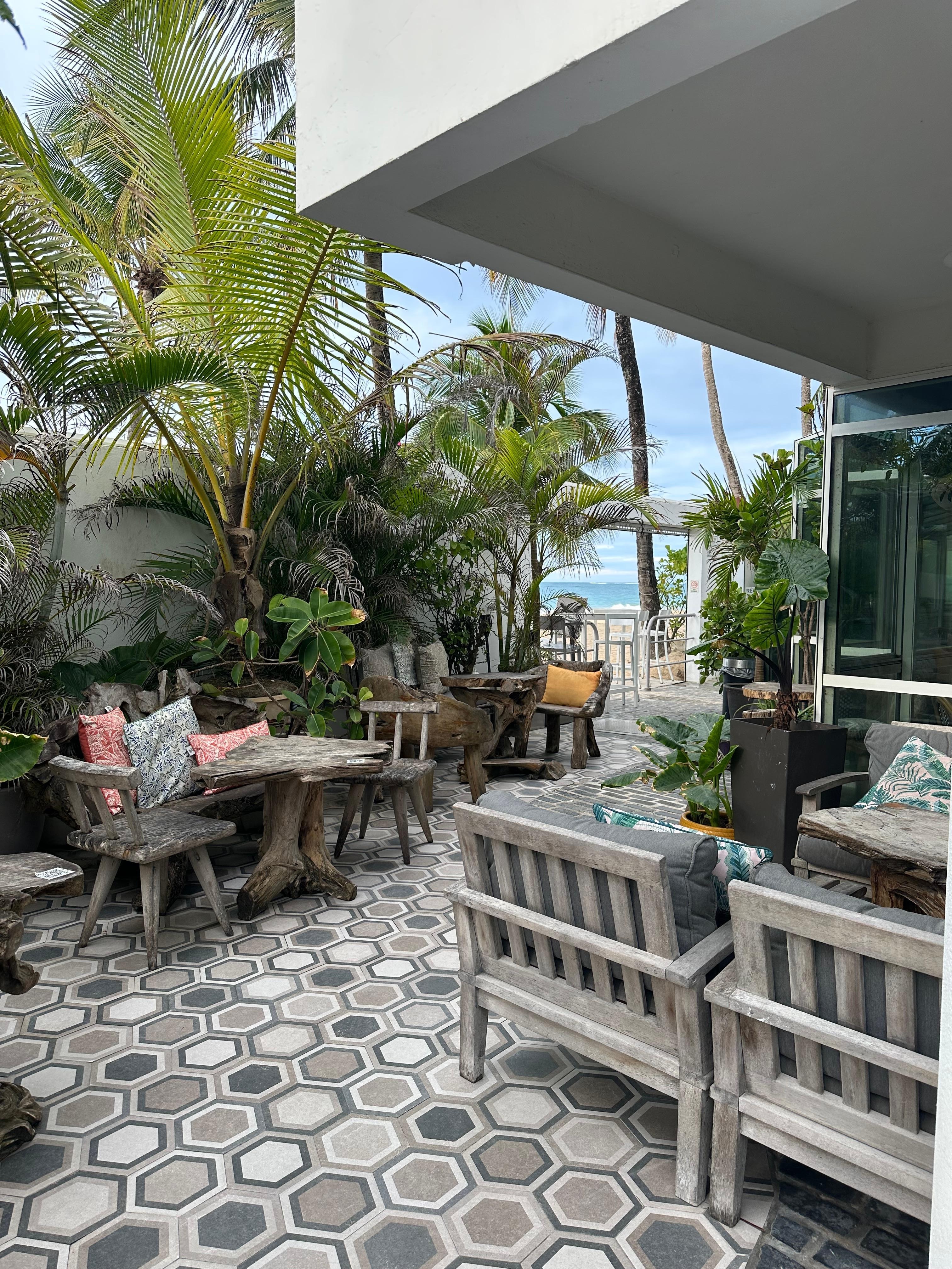 Looking from the entrance to the gated hotel in