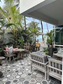 Looking from the entrance to the gated hotel in