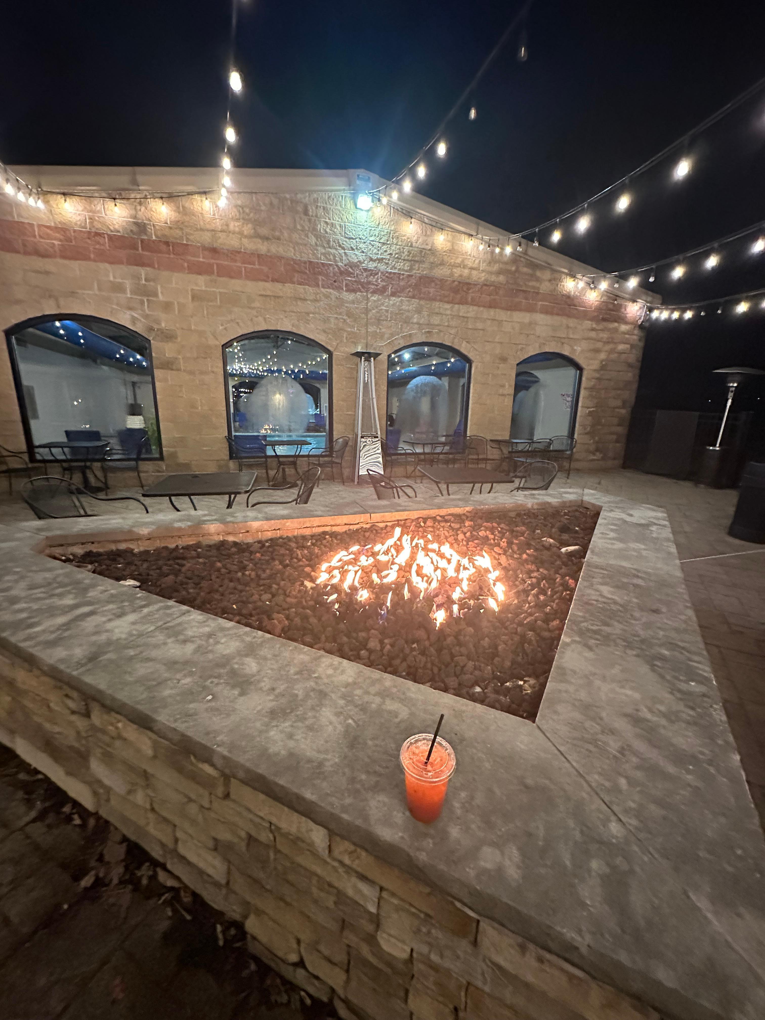 Patio with heaters outside the lounge 