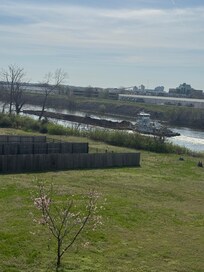 Picture of tug boat pushing barge on the river taken from deck.