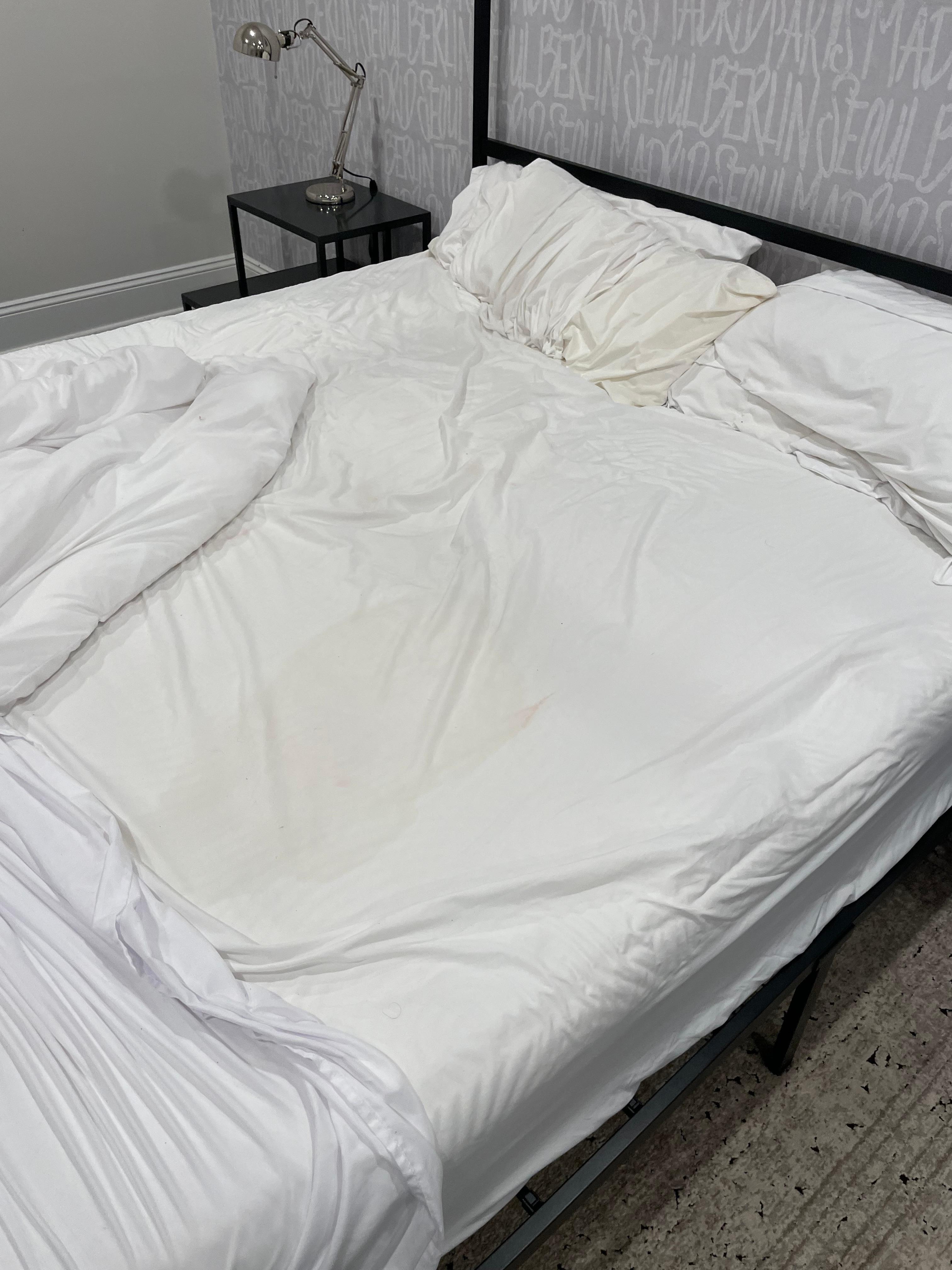 The bed sheets the day we arrived but we didn’t notice until late in the evening. 