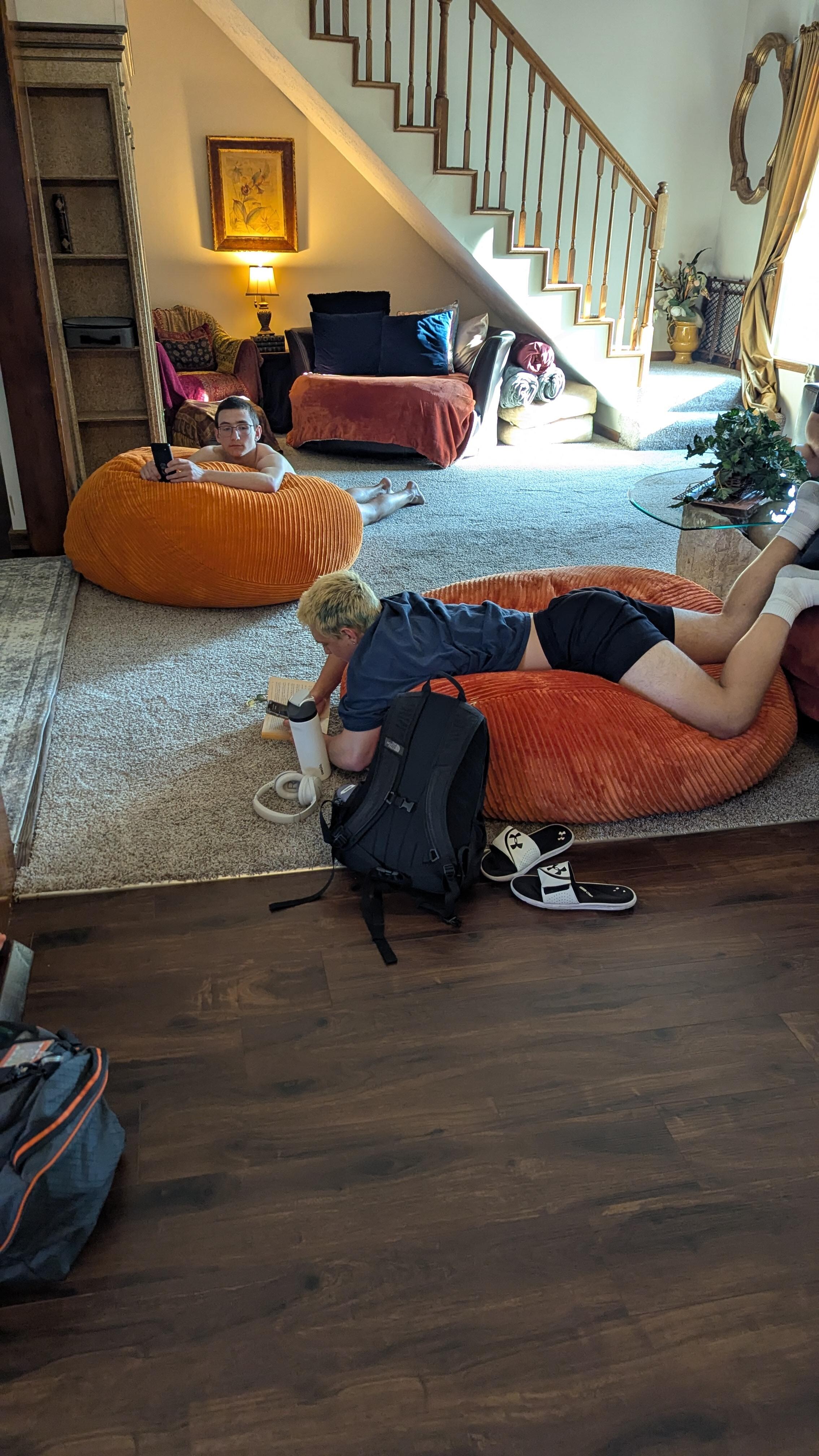 Chilling on the big bean bag chairs