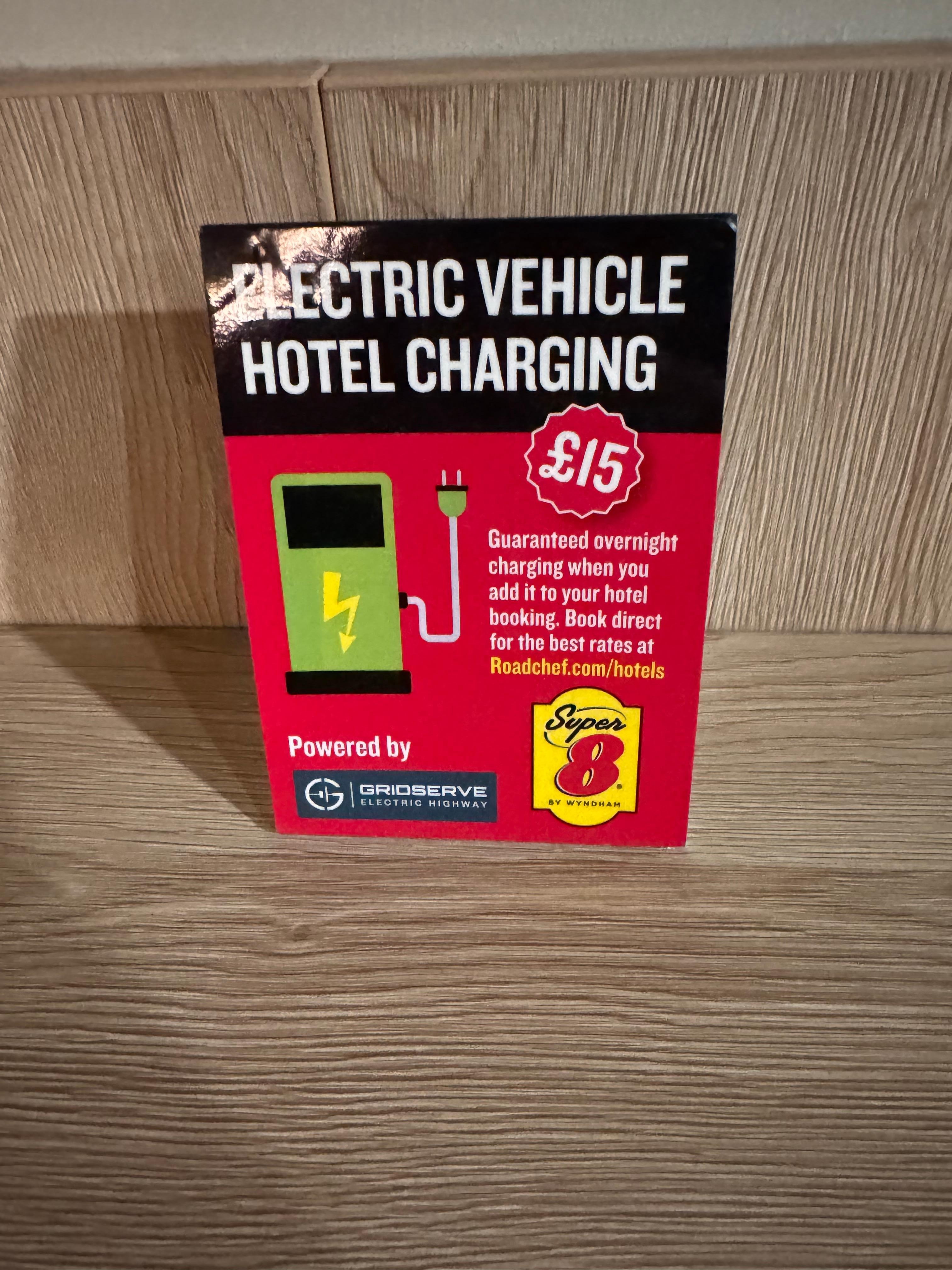 Charge the car while you stay, remember to bring your own cable mind.. 100% charge when your in a bay that works or isn’t taken over by non ev cars/vans