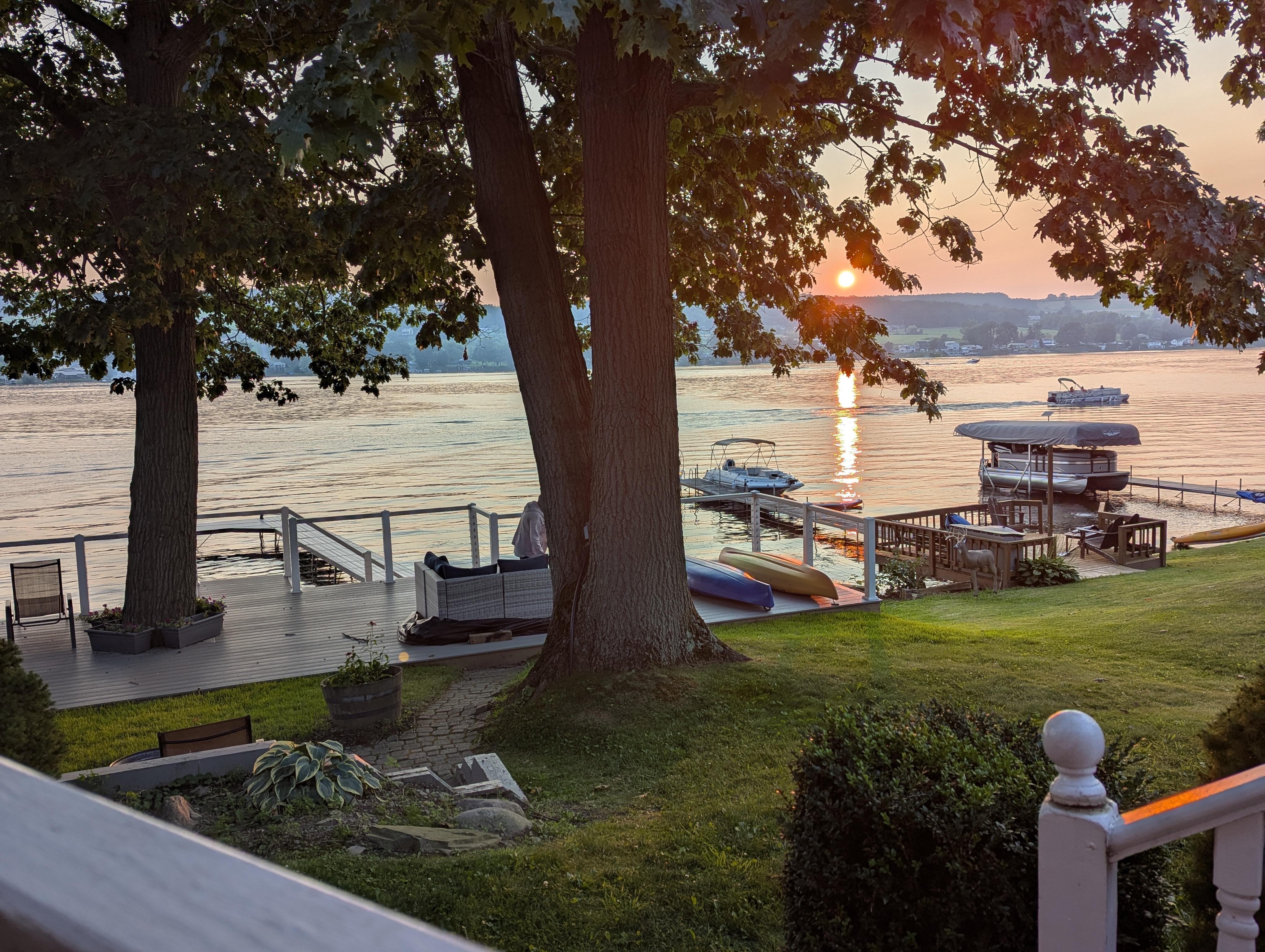 On the covered deck at sunset