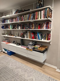 The books and games in Family Room