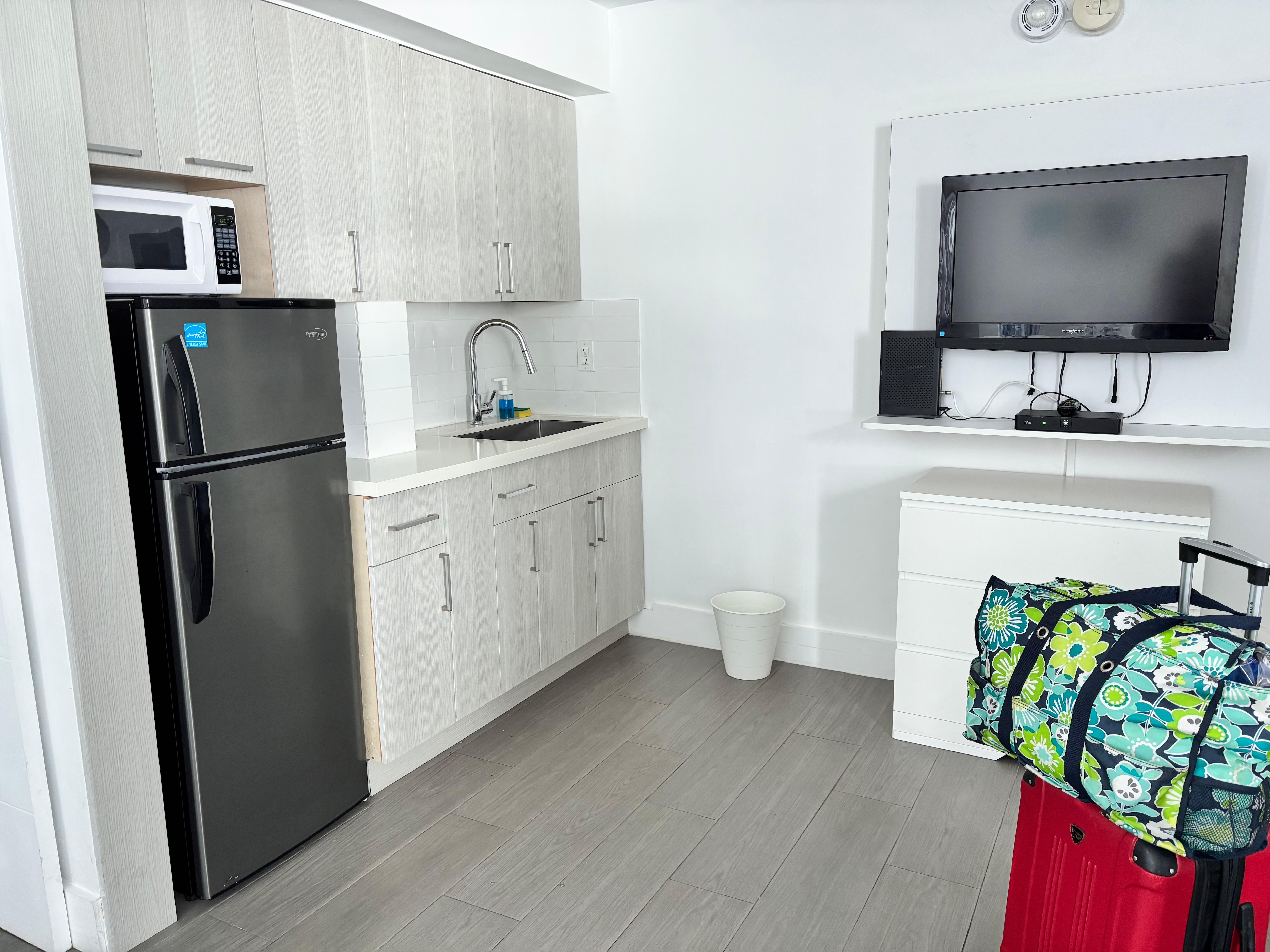 Kitchen area with fridge, microwave, dishes, silverware, electric camp cookstove, etc