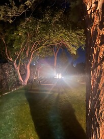Peaceful evening by the propane fire table.