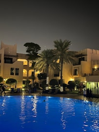 The pool area at night.