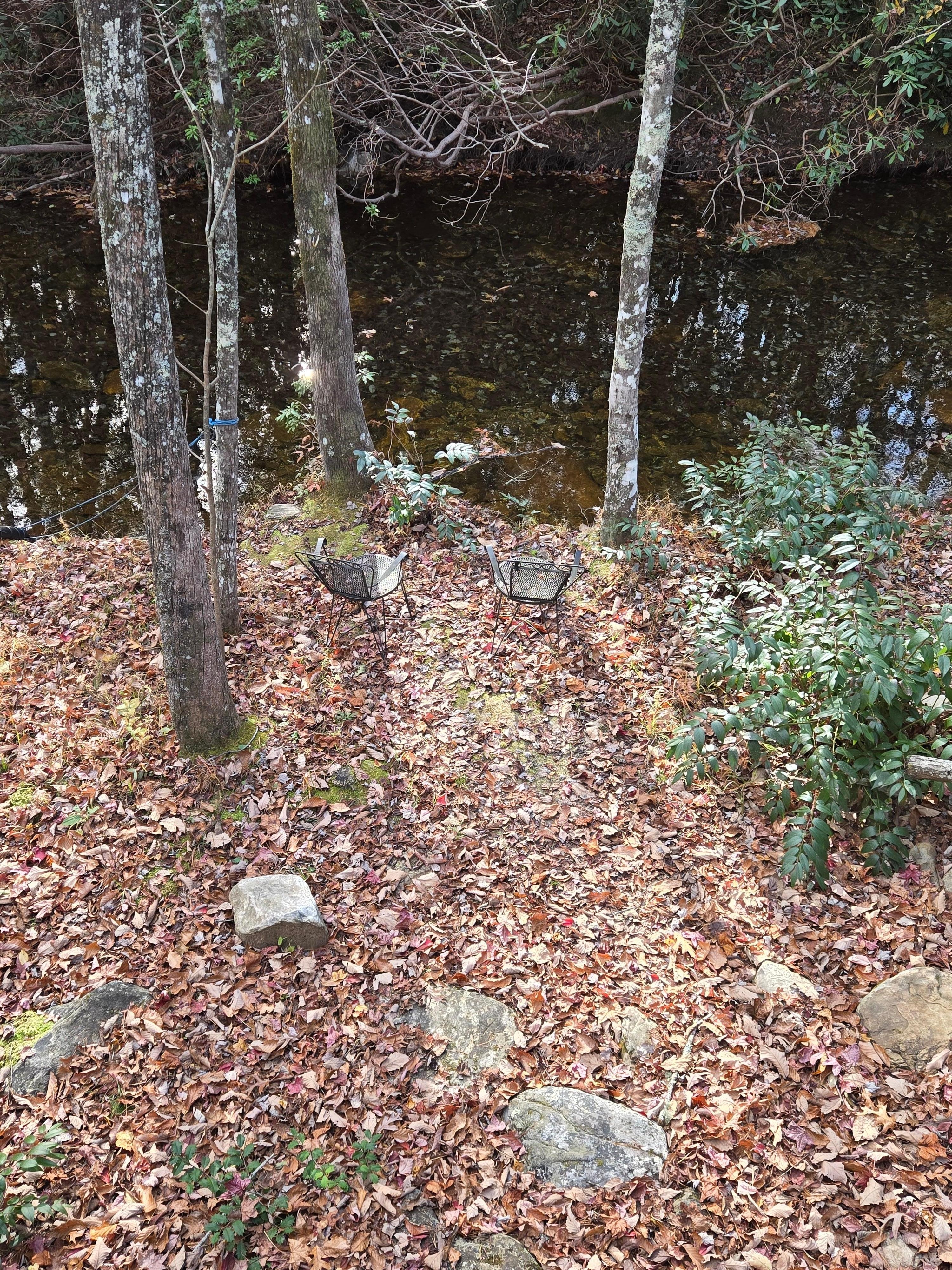 Cute little chairs by the creek 