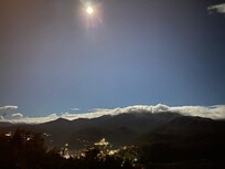 View from the balcony of the moon over the mountains.
