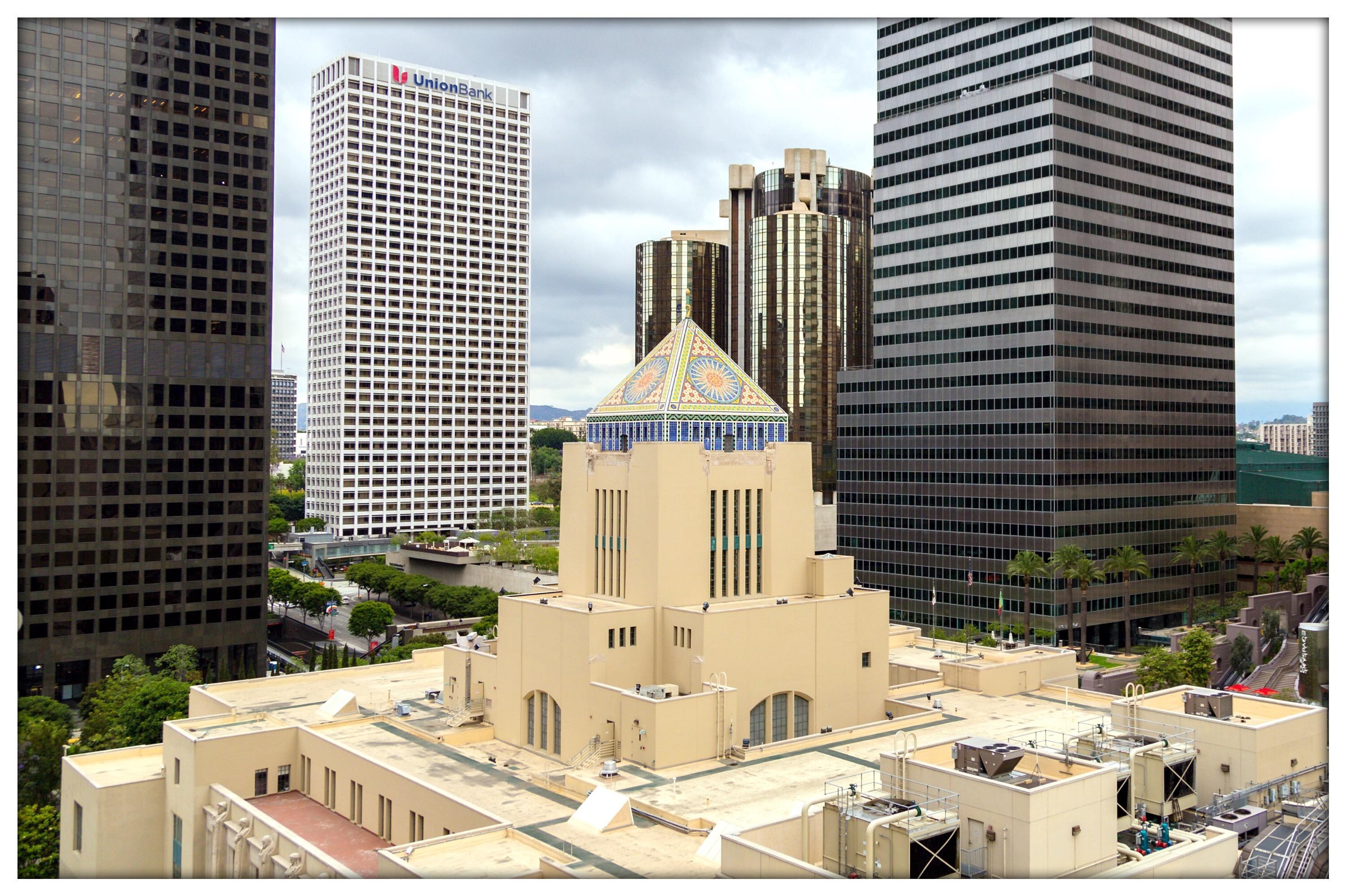 Daytime view from the rooftop patio (L.A. Public Library in the foreground)