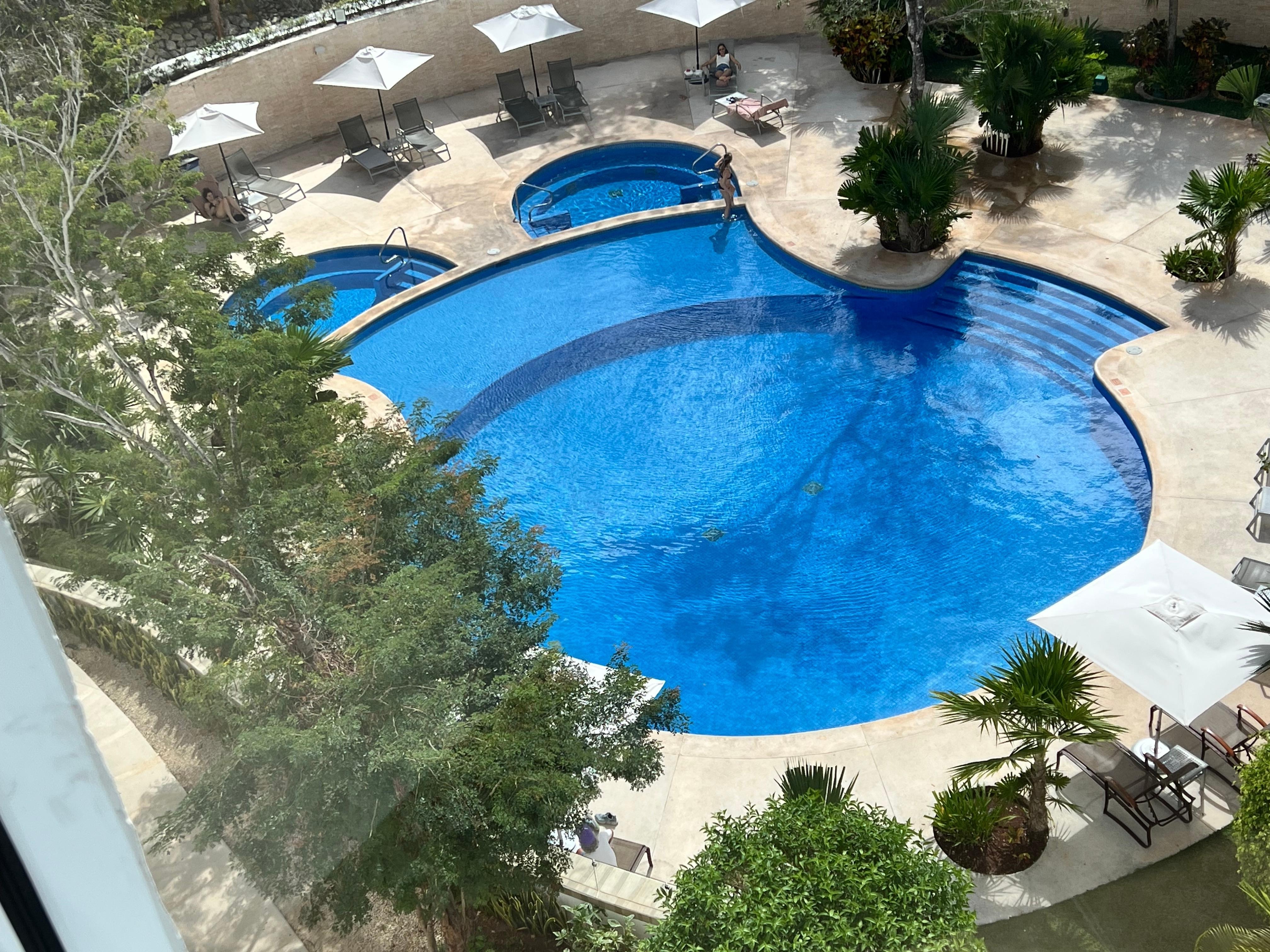 The pool is large, warm, and beautiful. Chairs at pool need done maintenance. 