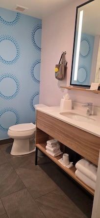 The bathroom was modern and clean.