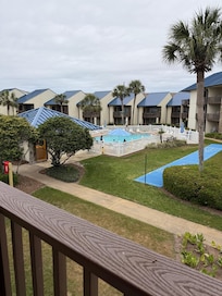 From the upper balcony looking over the pool!