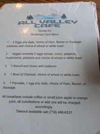 Menu for breakfast at the cafe