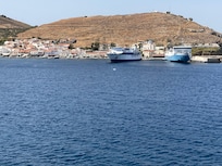 The ferry port and tavernas of Korissia.