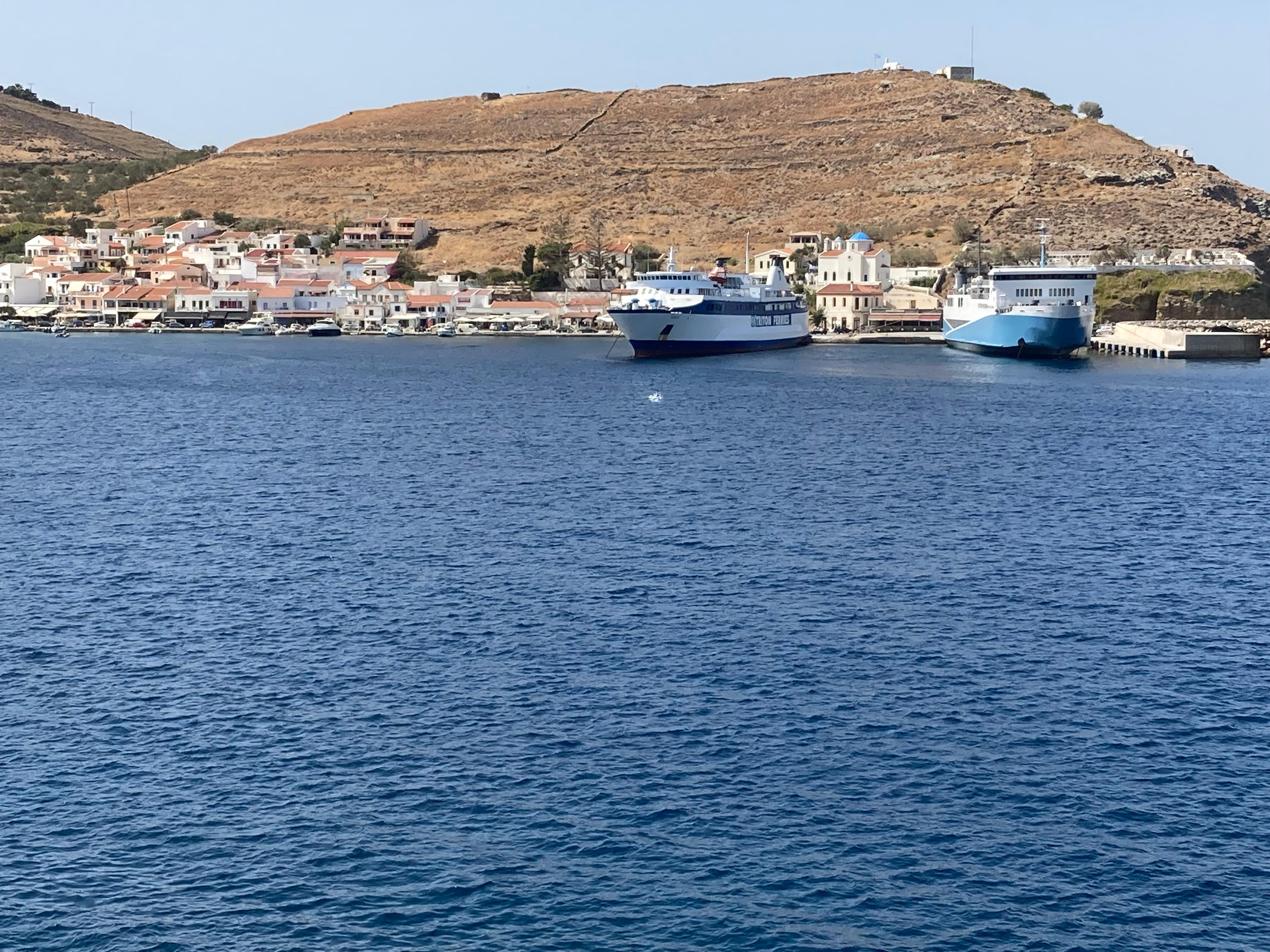 The ferry port and tavernas of Korissia.