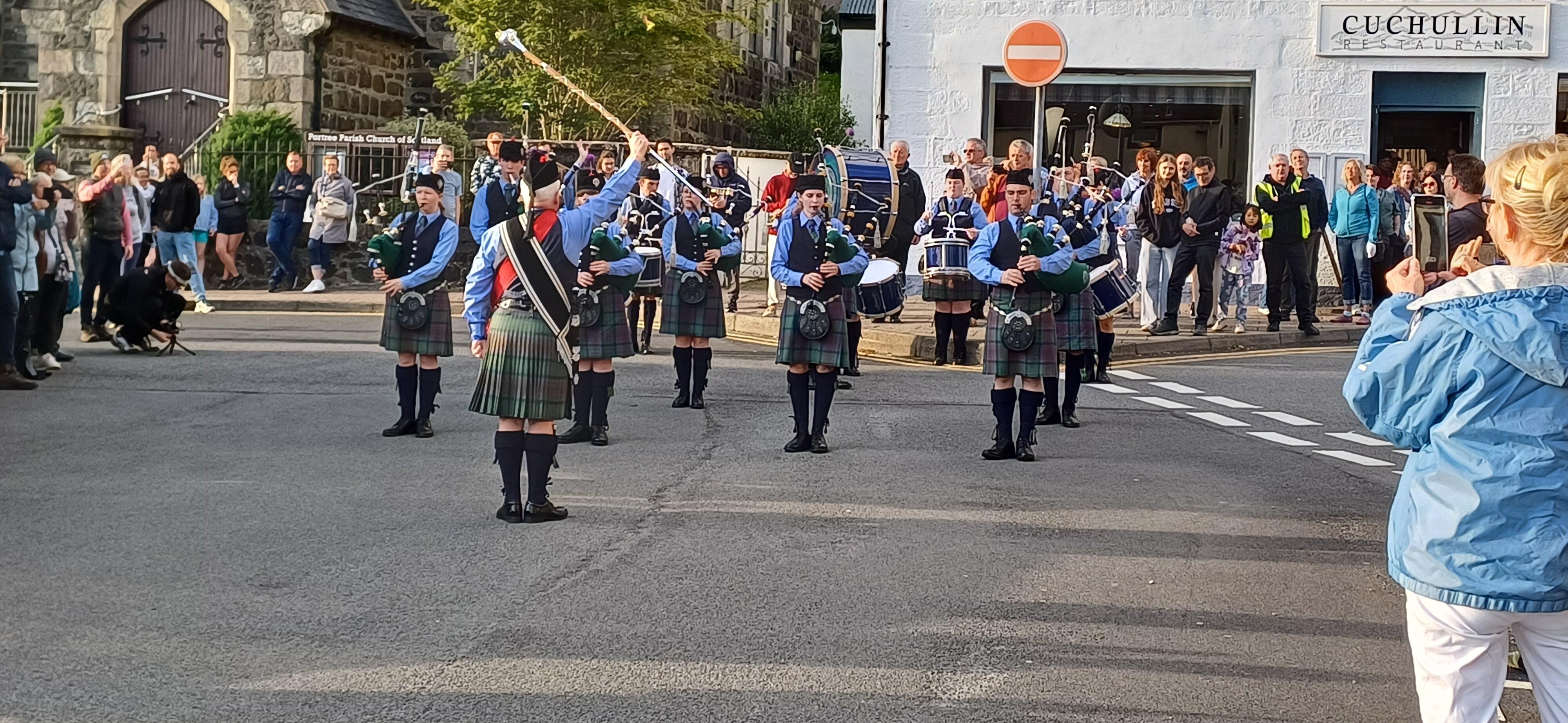 Portree Pipe Band in Square outside hotel
