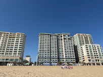 Beach view of the hotel.