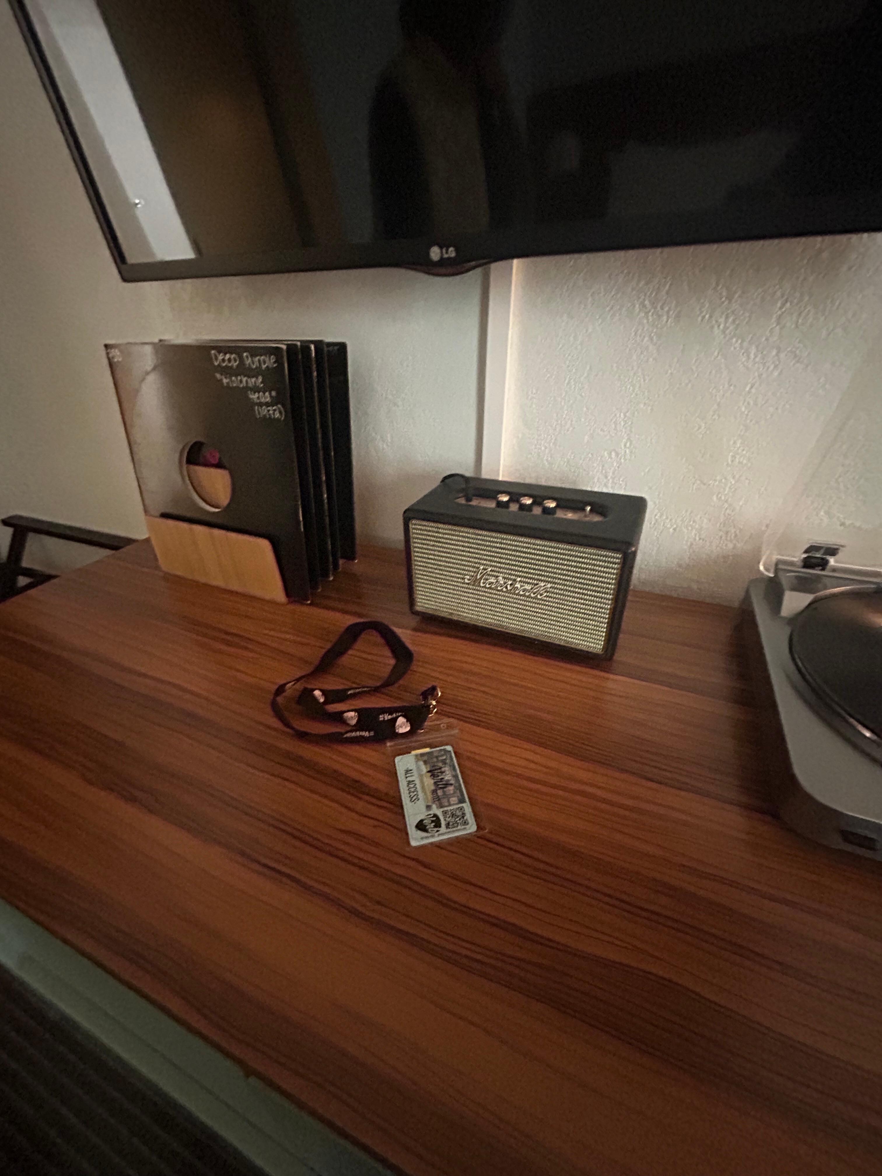 Mini Marshall amp (speaker), turntable with 4 random albums to play (I had Bad Company,  CCR, Foreigner, Janis Joplin and Deep Pirple). My room key was a backstage pass. 