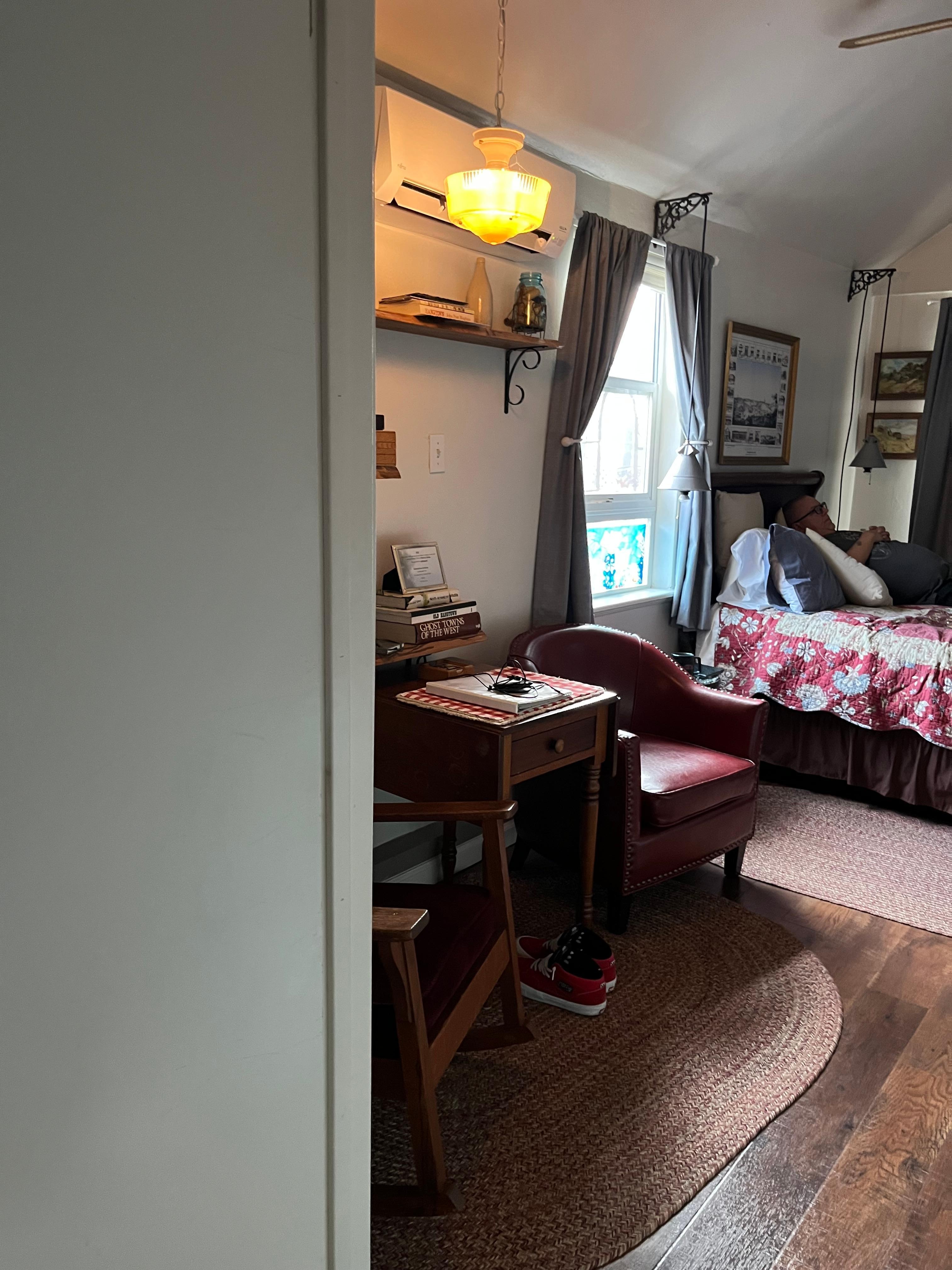 View from bathroom to living area