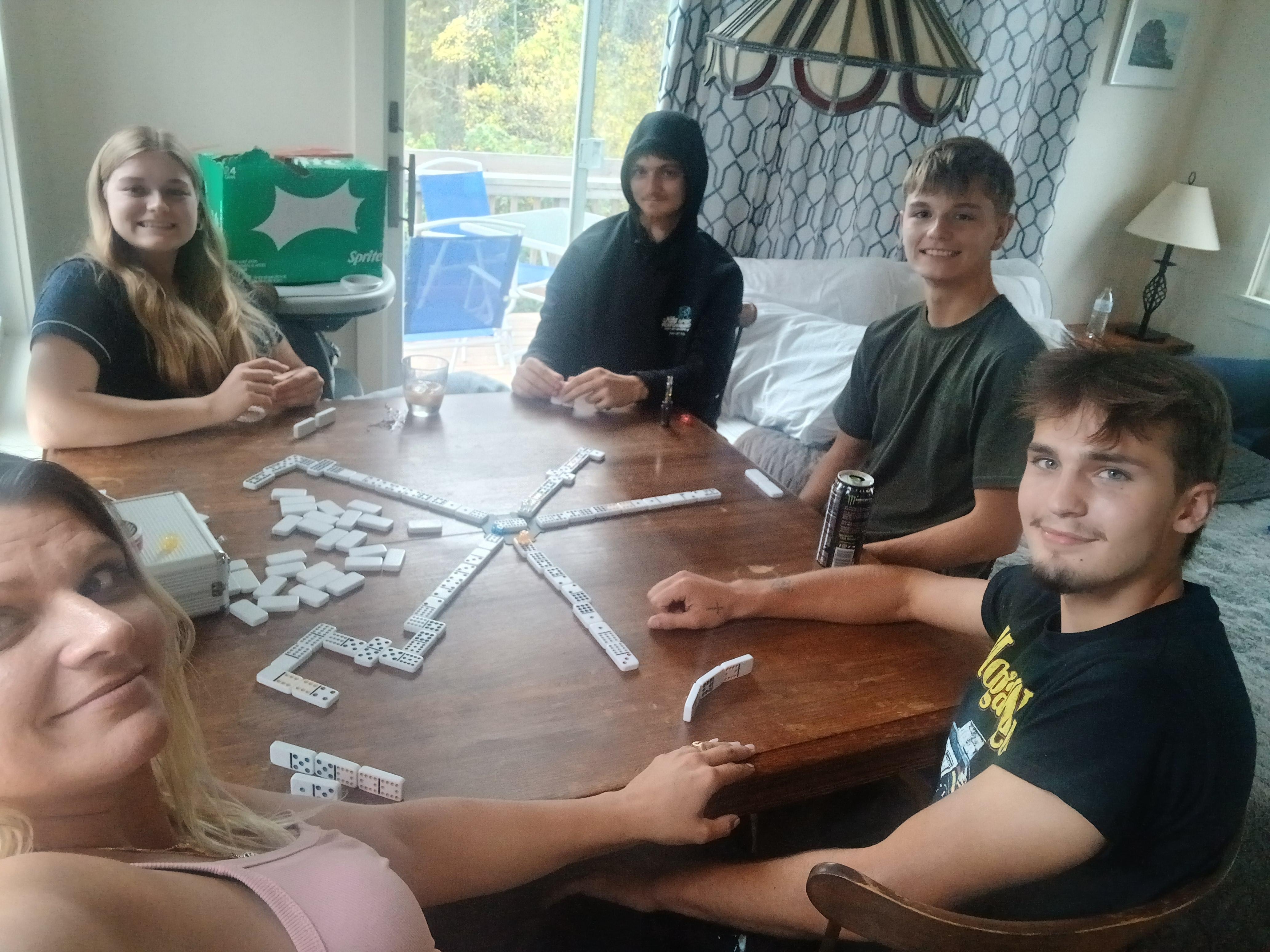 me and my kids playinh train at the kitchen table