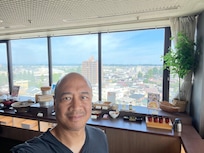 Breakfast top floor of building. Great view.