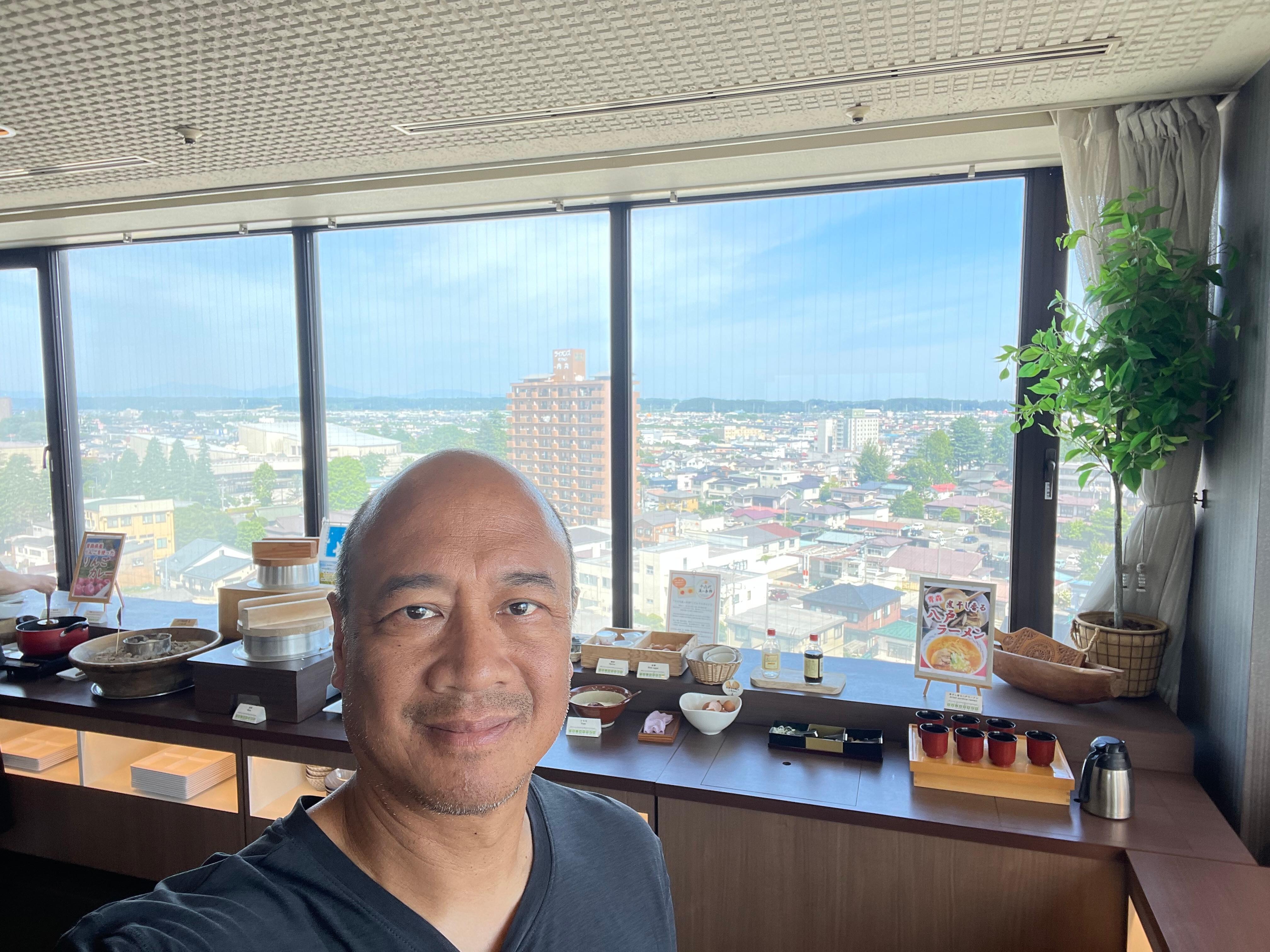 Breakfast top floor of building. Great view. 