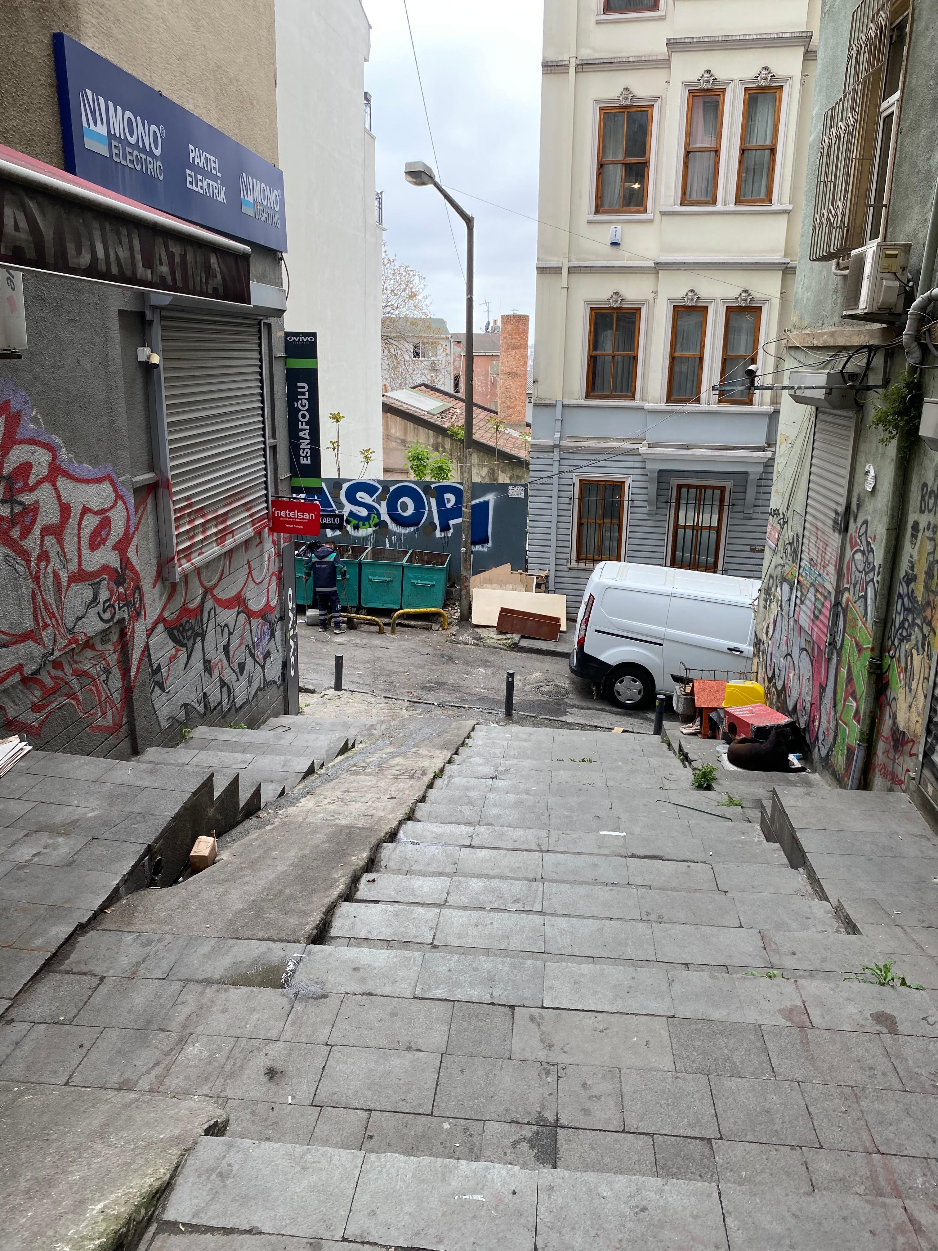 Walk down these steps and hotel is on the right