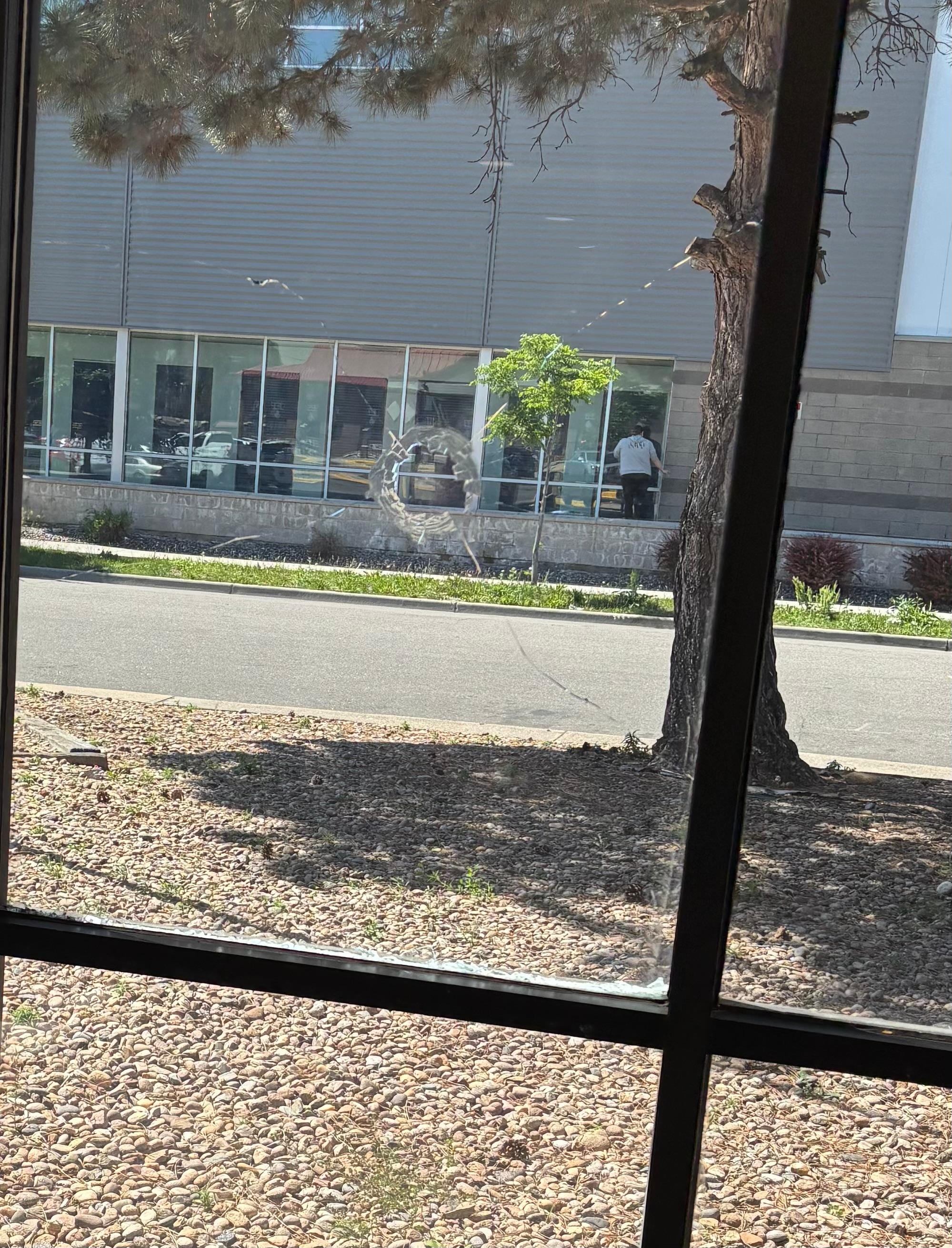 Broken glass at entrance.