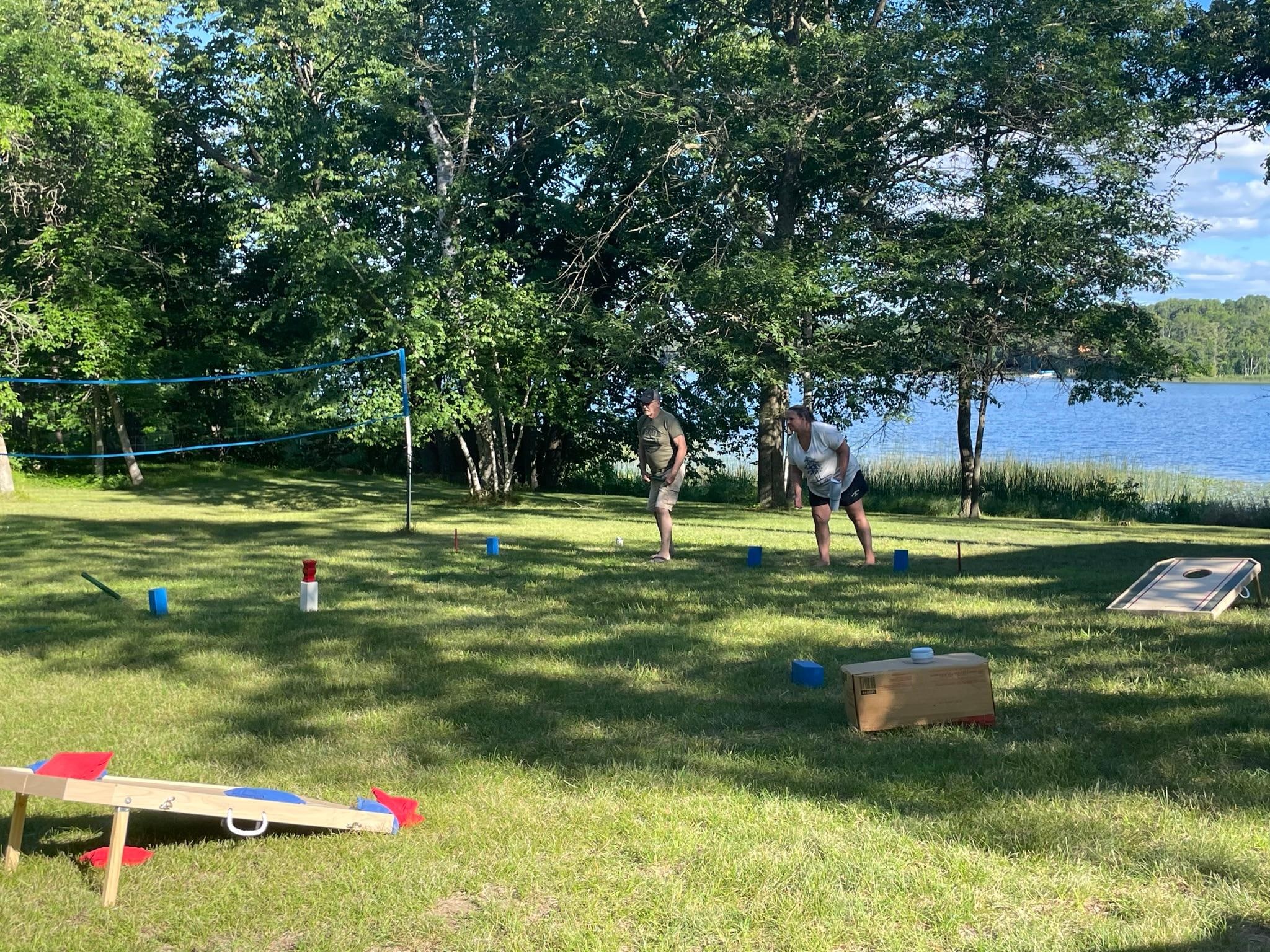 Playing games in the yard. 