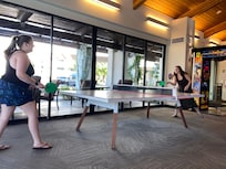 Rec center also has a ping pong, shuffleboard, and pool tables (one each) plus games you can purchase credits to play like basketball or the punching bag in the background of this photo and many more