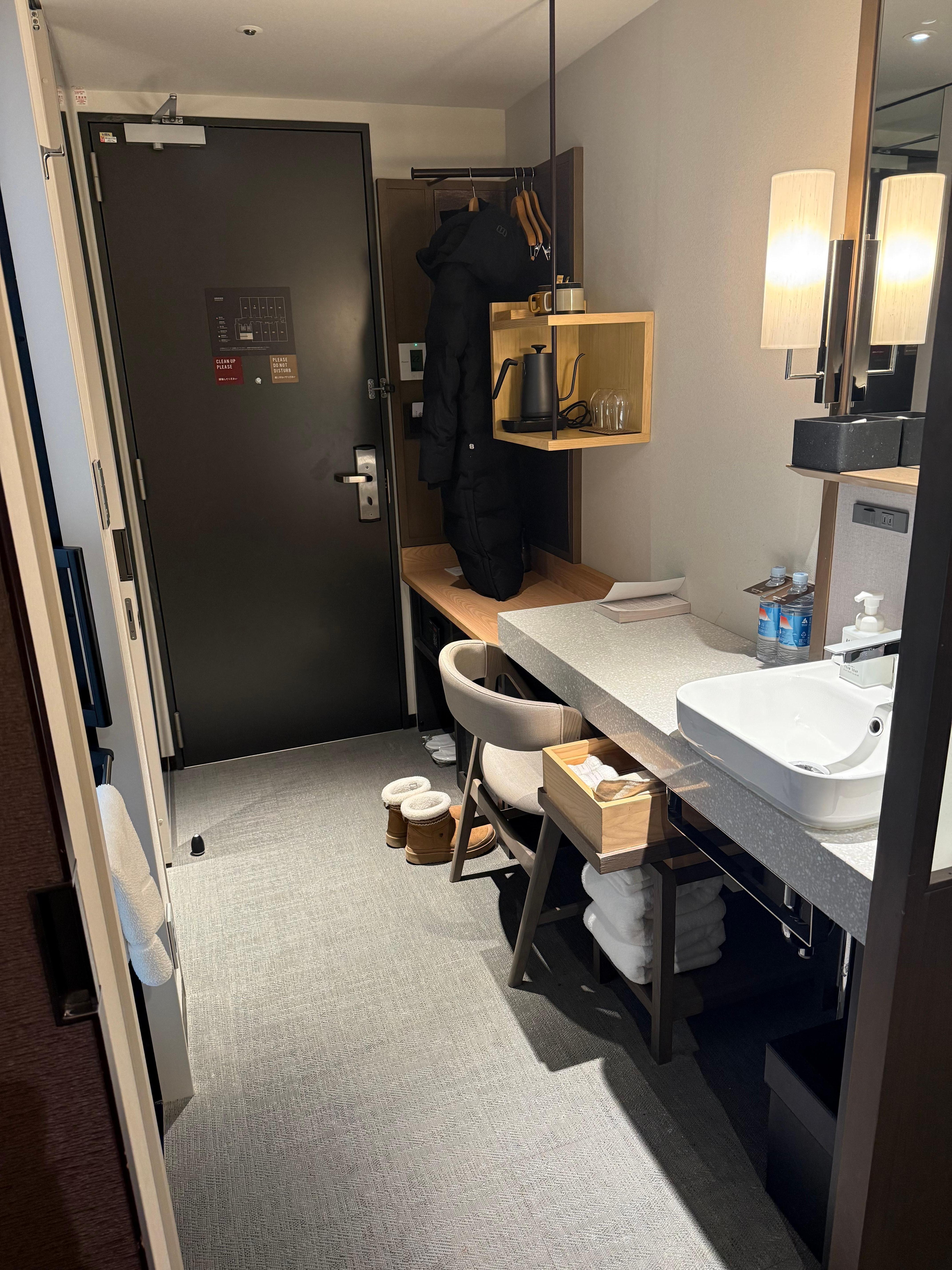 There is a sliding door to separate the room and the washroom area. More privacy.