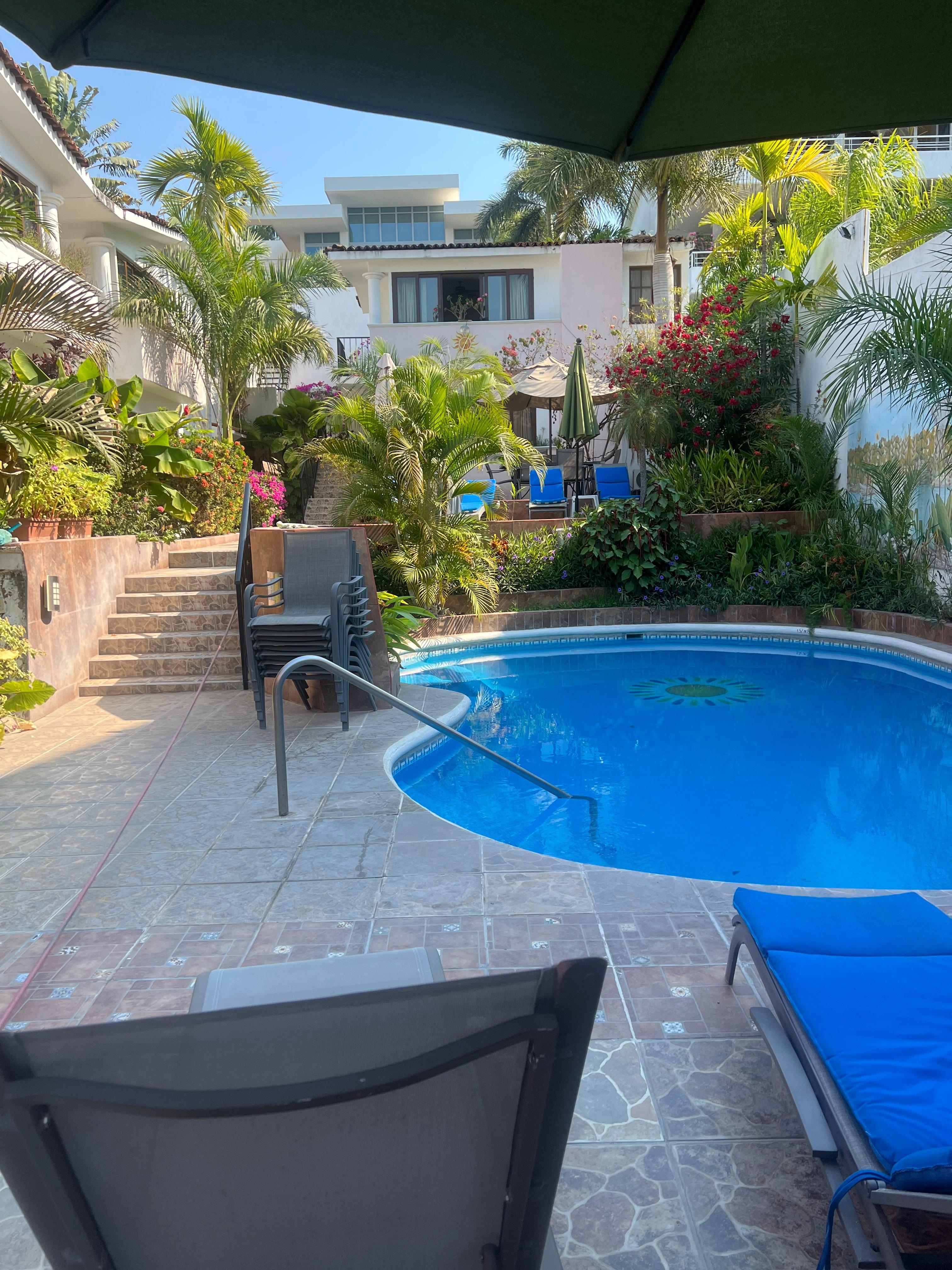 The pool and kitchen area