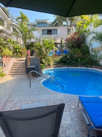The pool and kitchen area