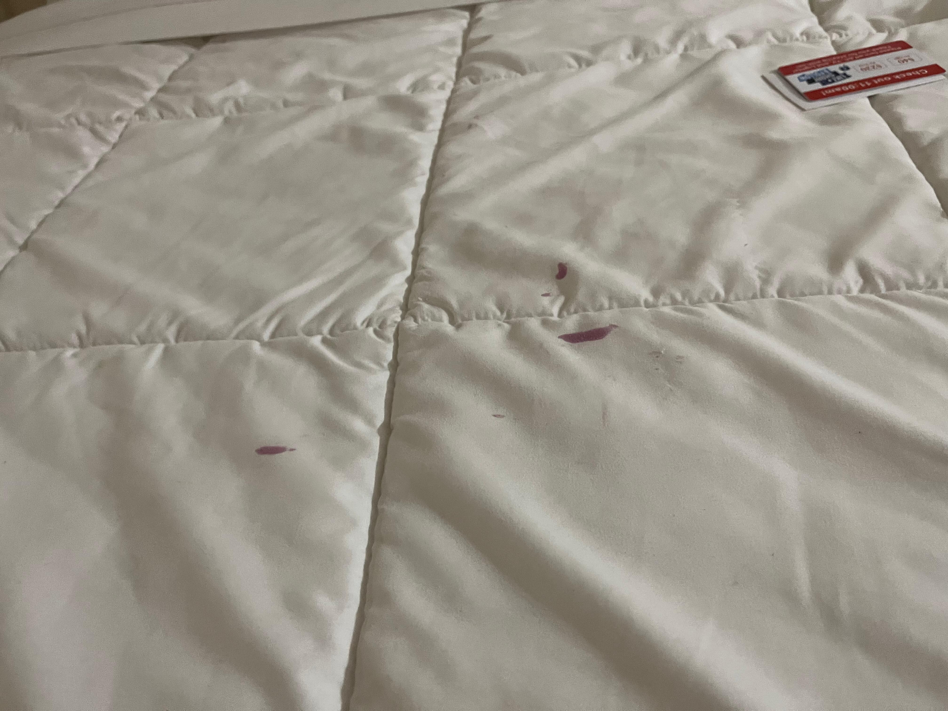 Both bed had red stains, possibly blood. They were washed, but the stains were set in.