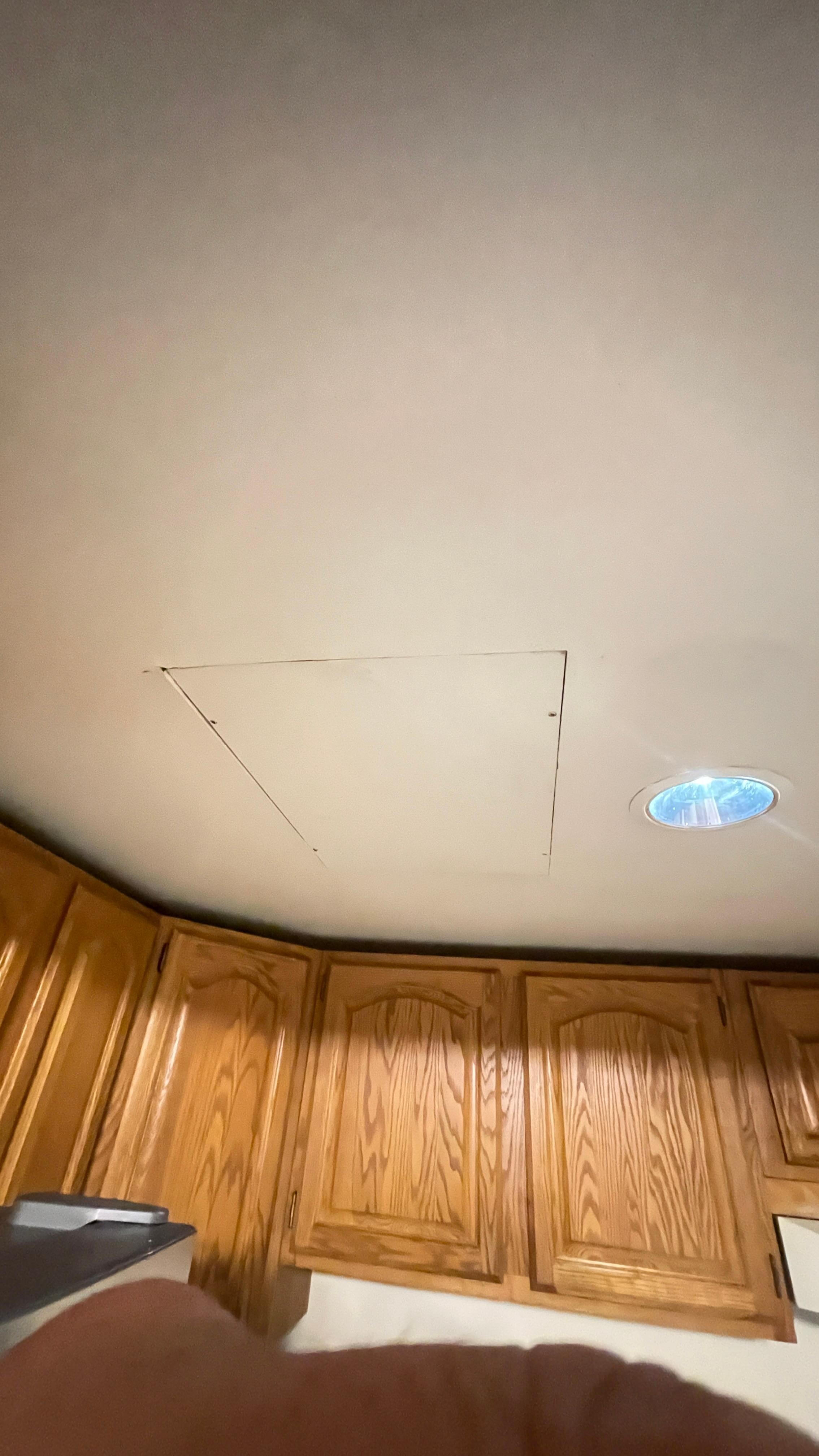 Rectangle cut in ceiling, probably for some kind of plumbing repair as the place smells like mould