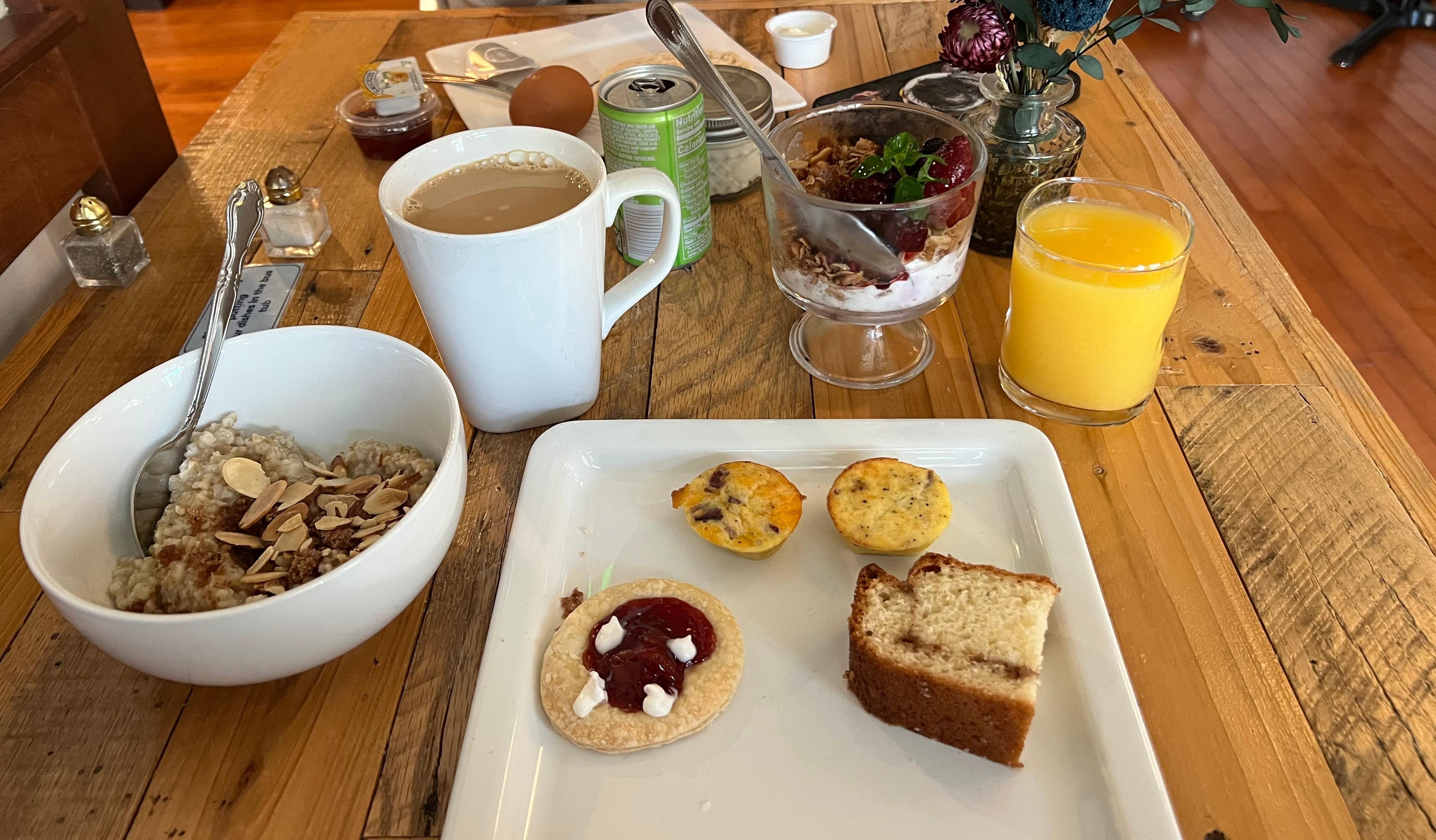 Continental breakfast. Delicious choices. Also vegetarian choices like cottage cheese, boiled eggs, a variety of breads.
