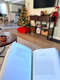 My spot for quiet time. Coffee, tree, warm blanket, a good book. Merry Christmas!!