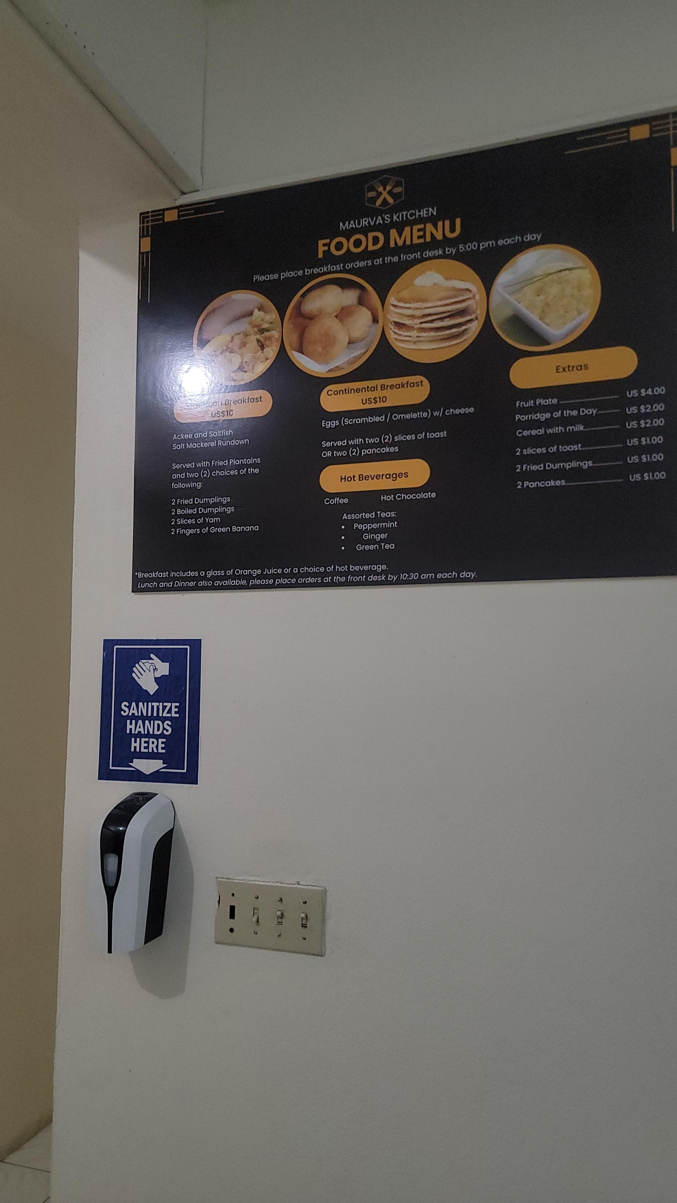 Food Menu in Dining Room