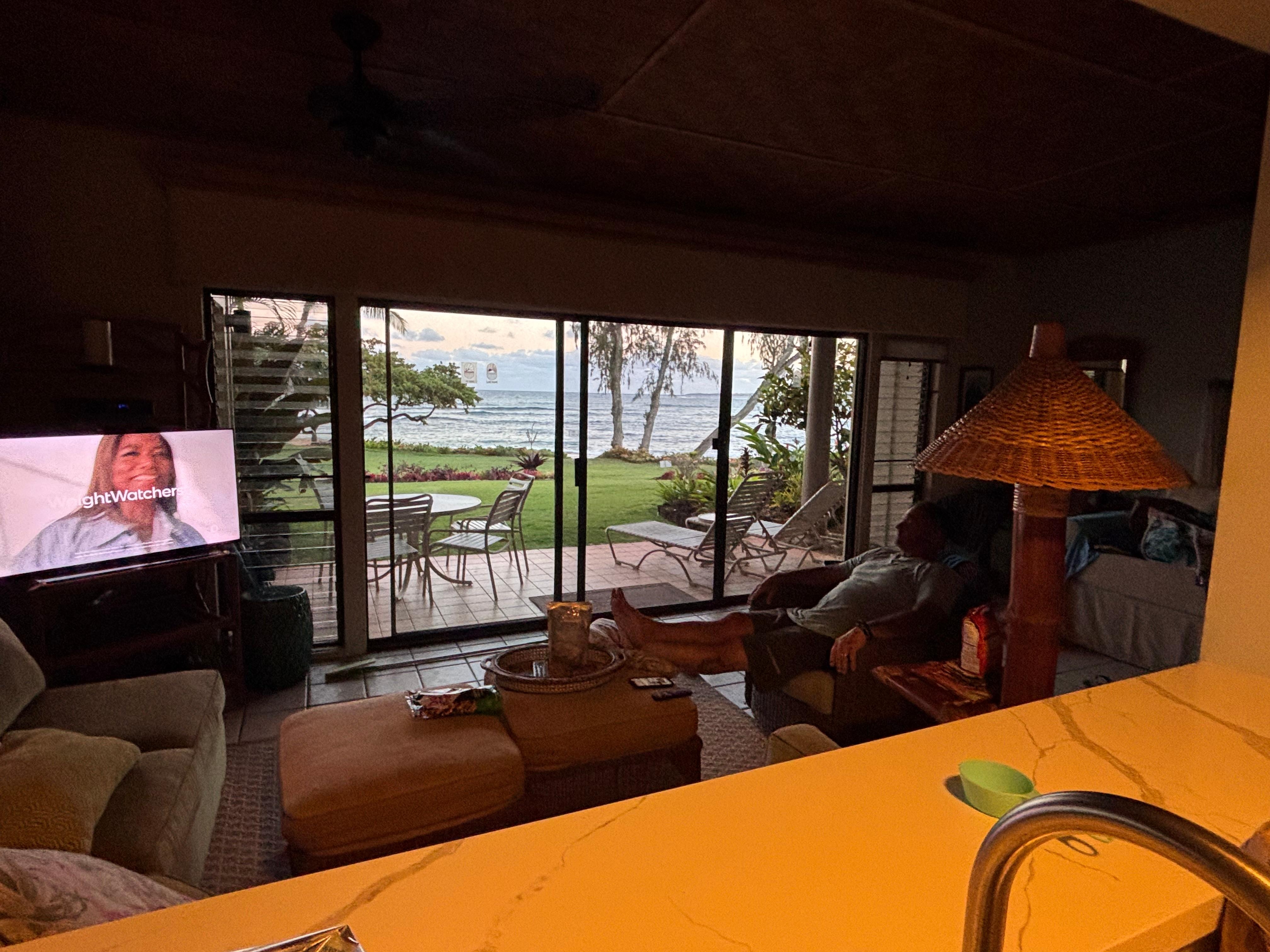 View from the kitchen with my hubby watching tv and you can still see the beach 