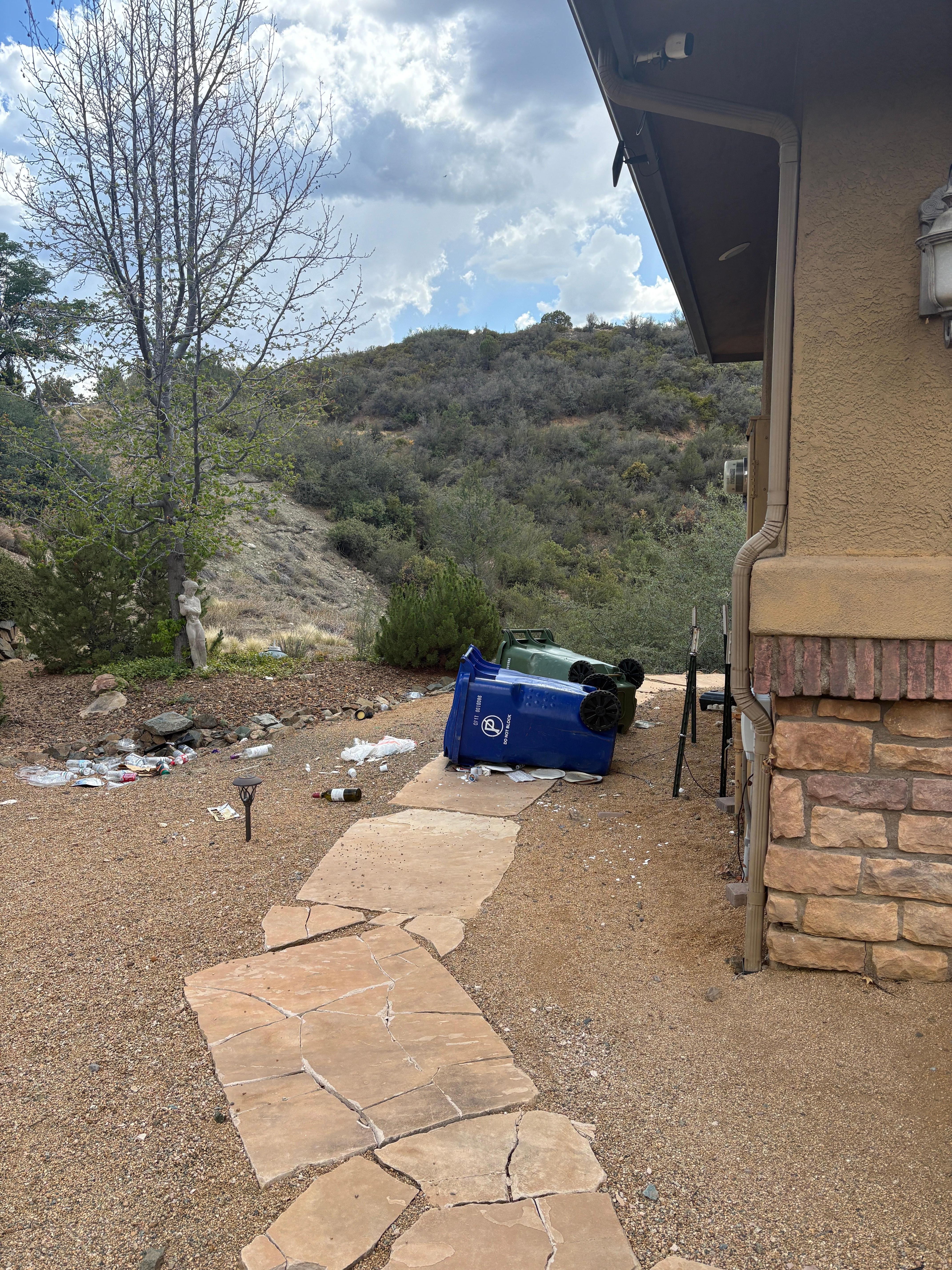 Upon check in on Friday we were greeted by full, knocked over garbage cans, We spent almost an hour cleaning up the garbage. Note: garbage pick up was the previous day yet the cans were full of wine & booze bottles upon check in 