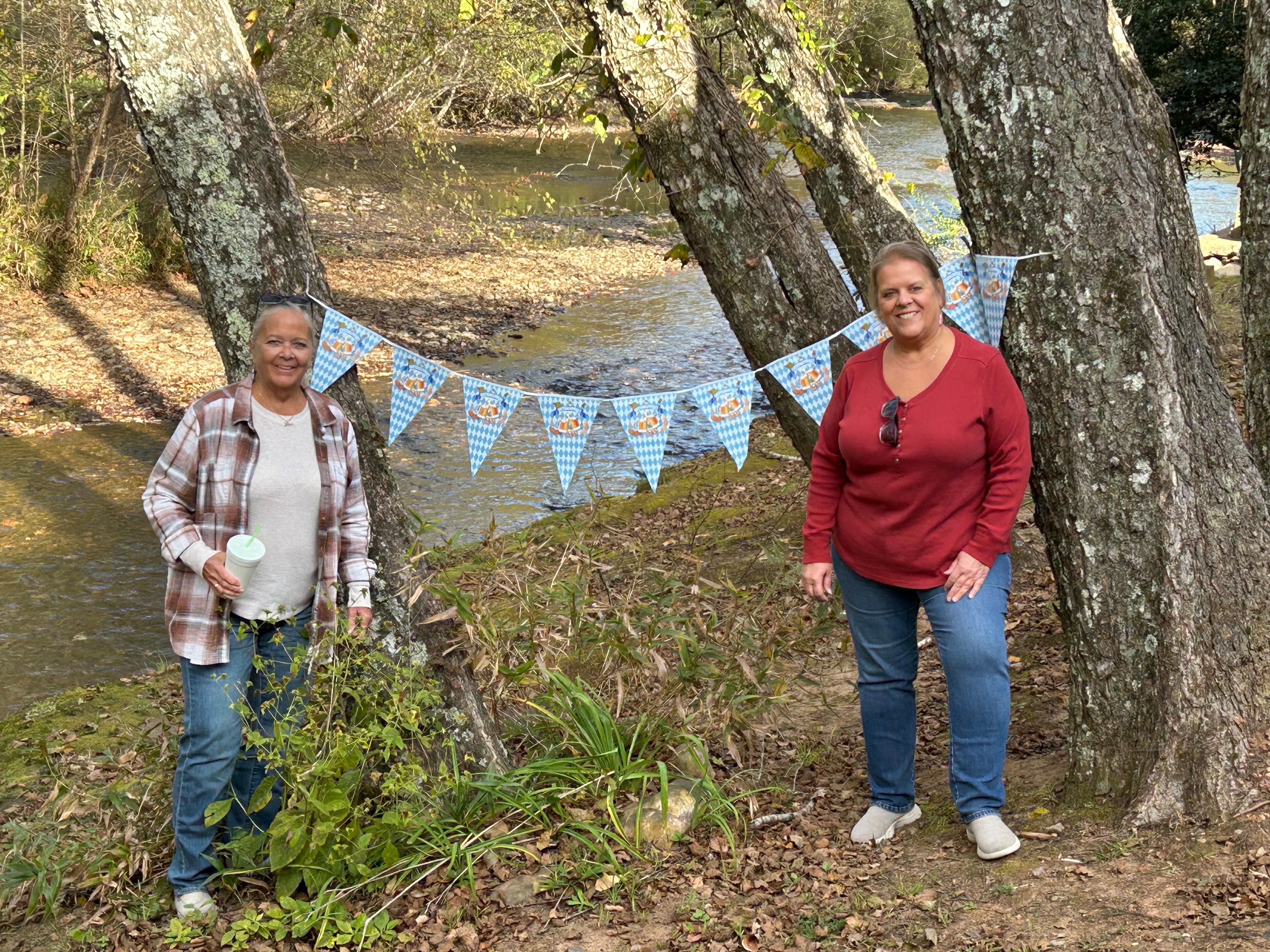 BFF with a banner we hung for our stay! 