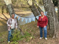 BFF with a banner we hung for our stay!