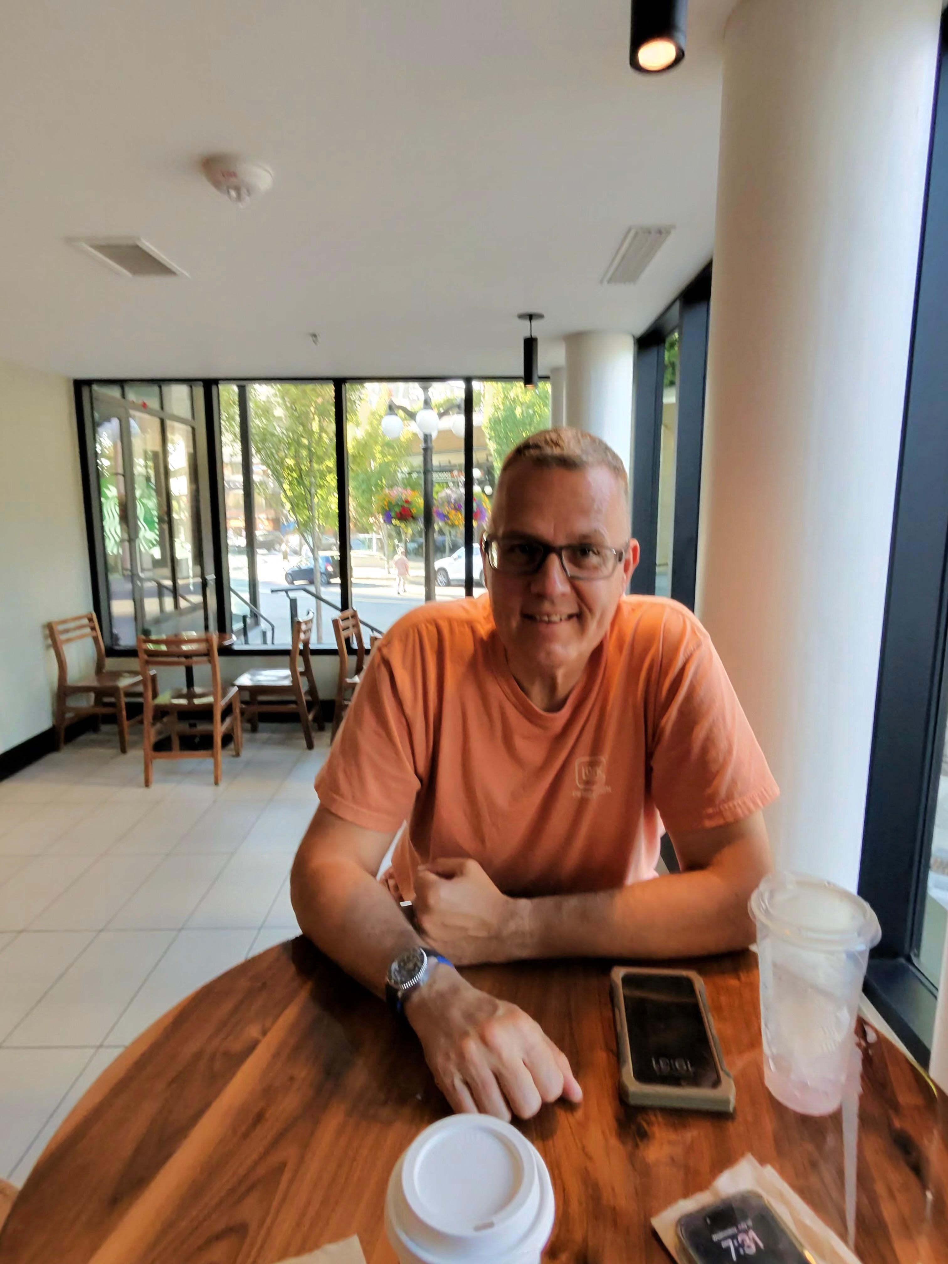 Catching up with a friend in the lobby Starbucks!