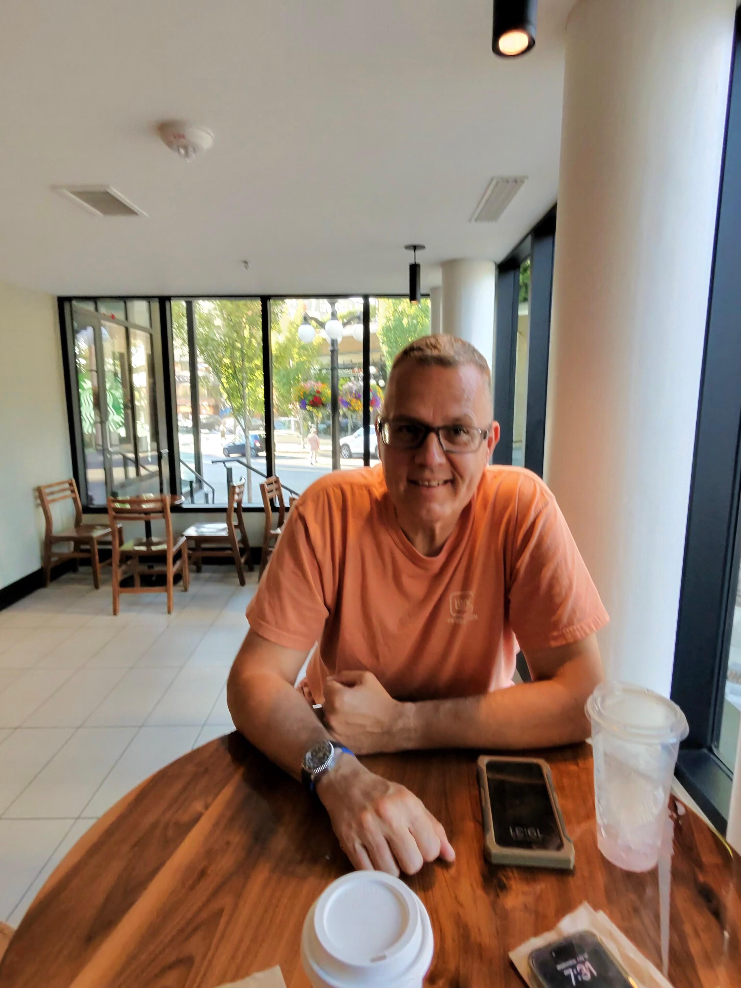 Catching up with a friend in the lobby Starbucks!