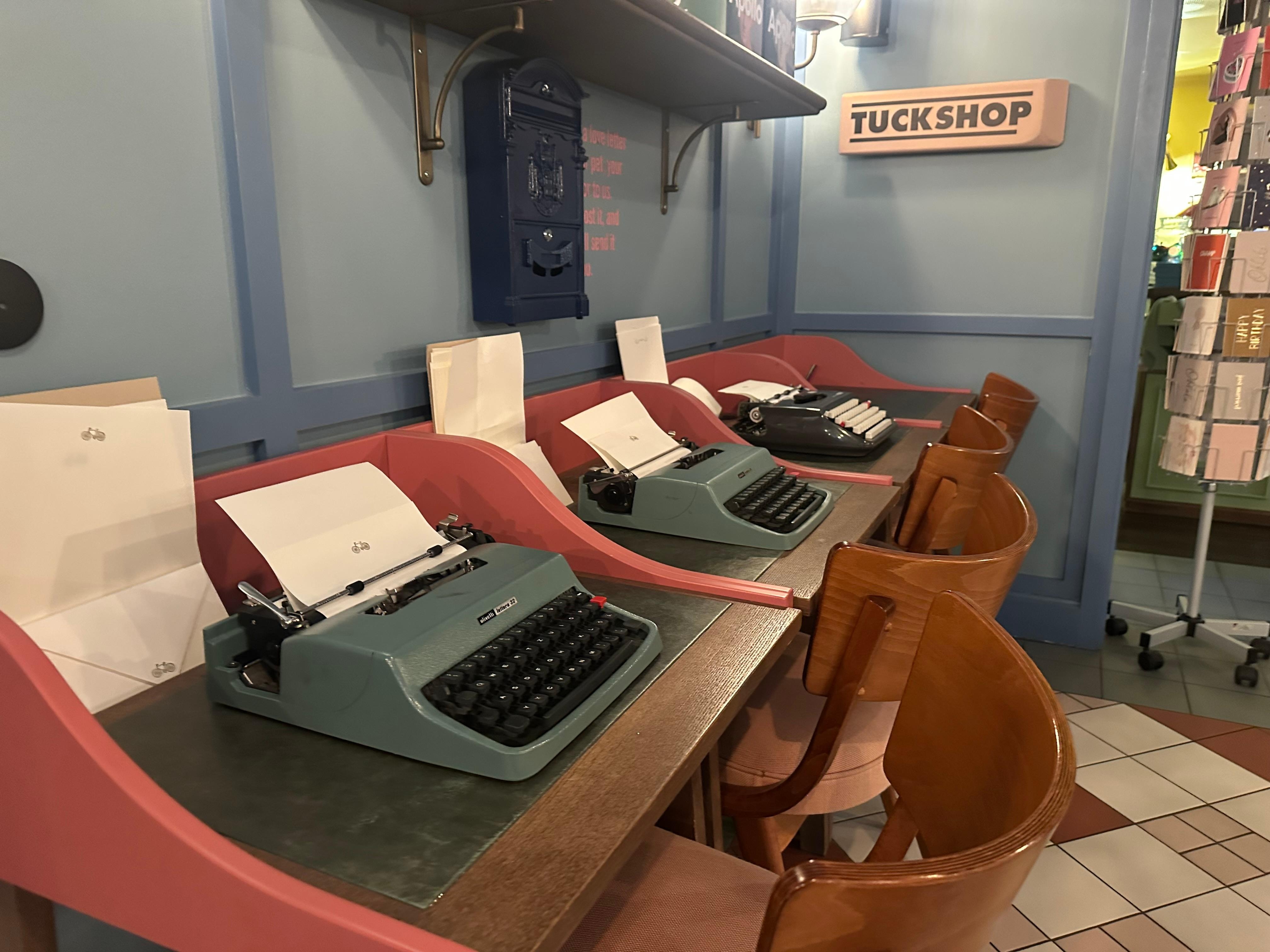 Typewriters and stationery in the lobby.