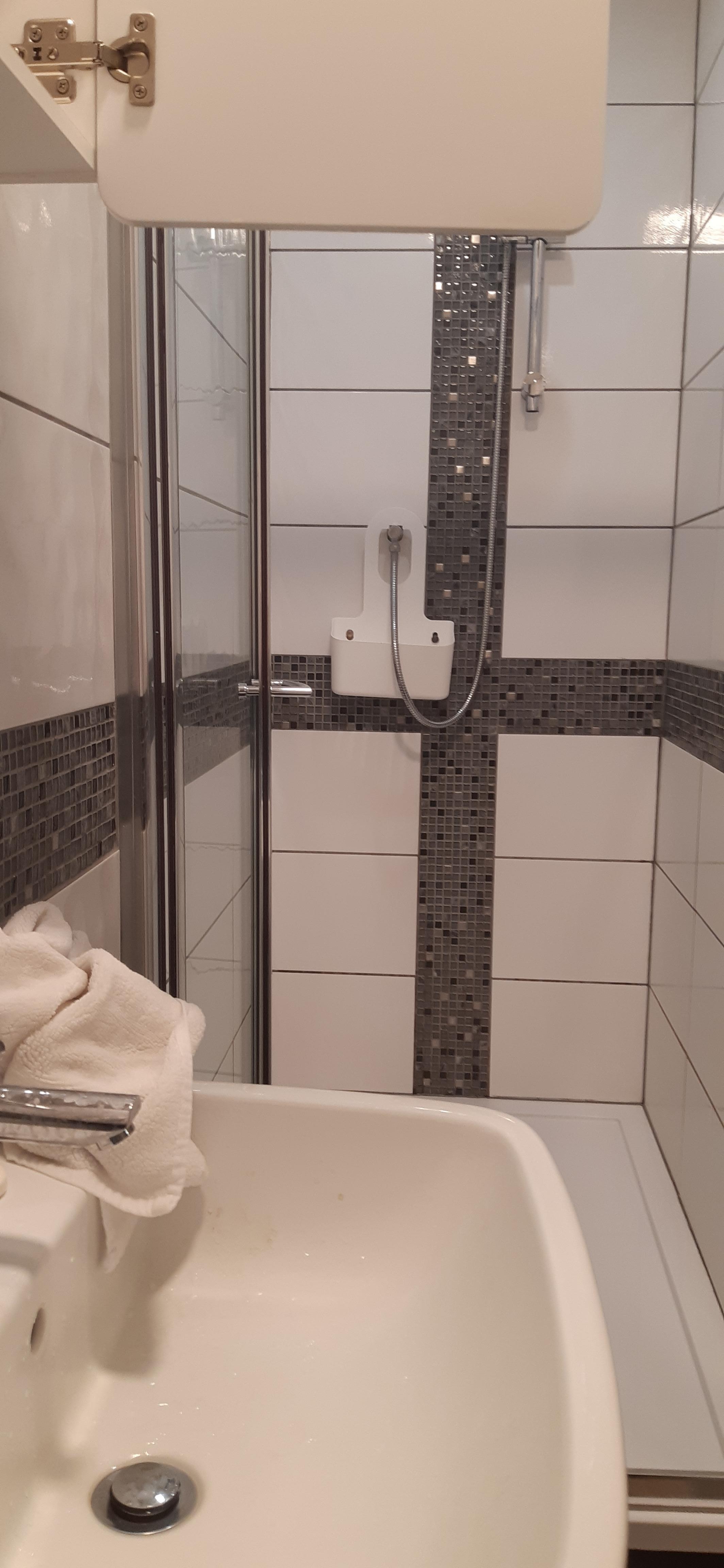 From toilet to shower with sink in way