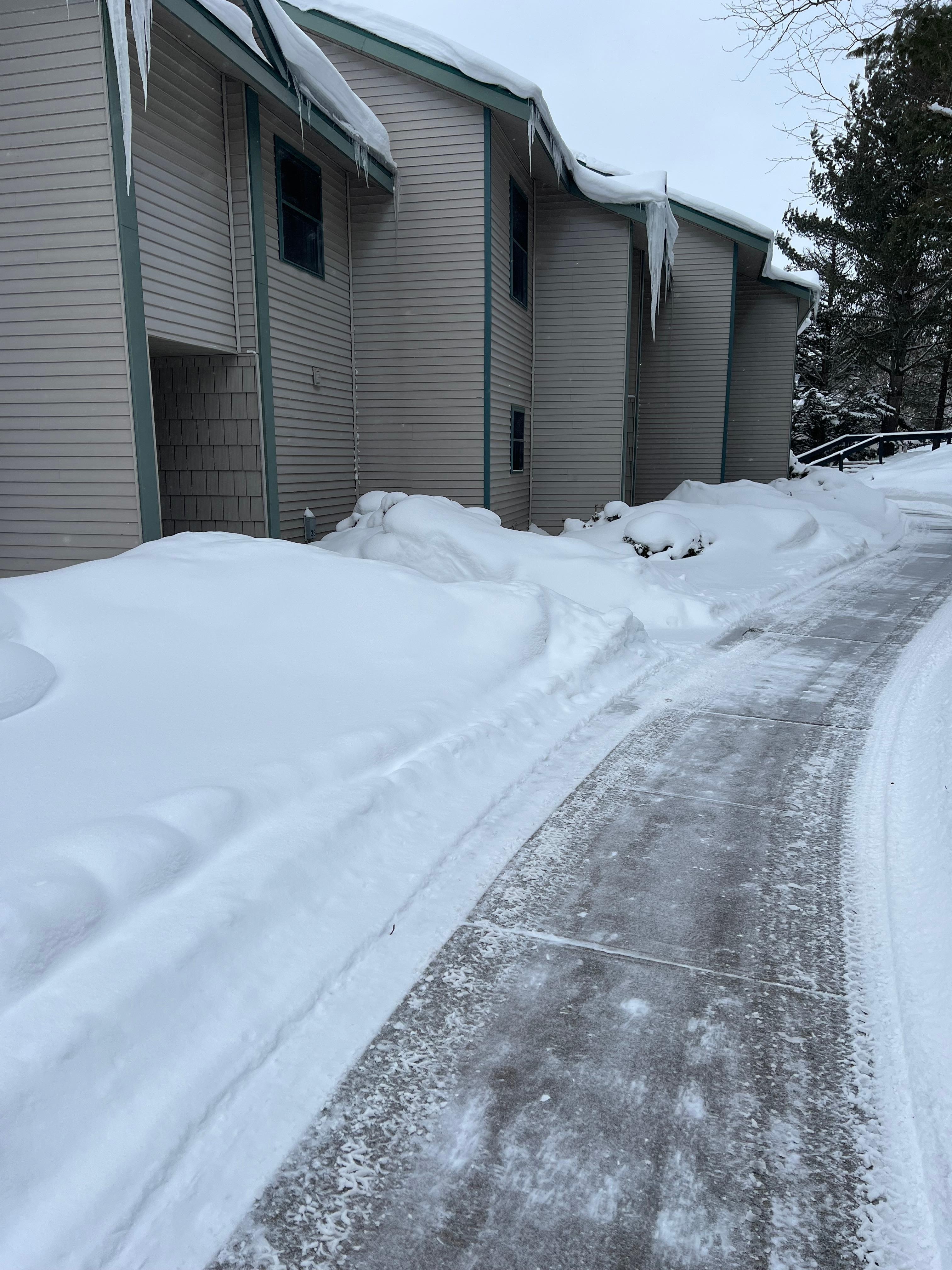 Nicely shoveled sidewalks to the condo